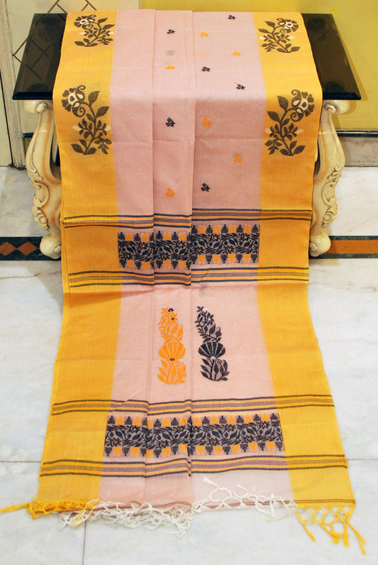 Woven jamdani Nakshi Work Border Premium Quality Bengal Handloom Cotton Saree in Pale Pink, Matt Golden and Black