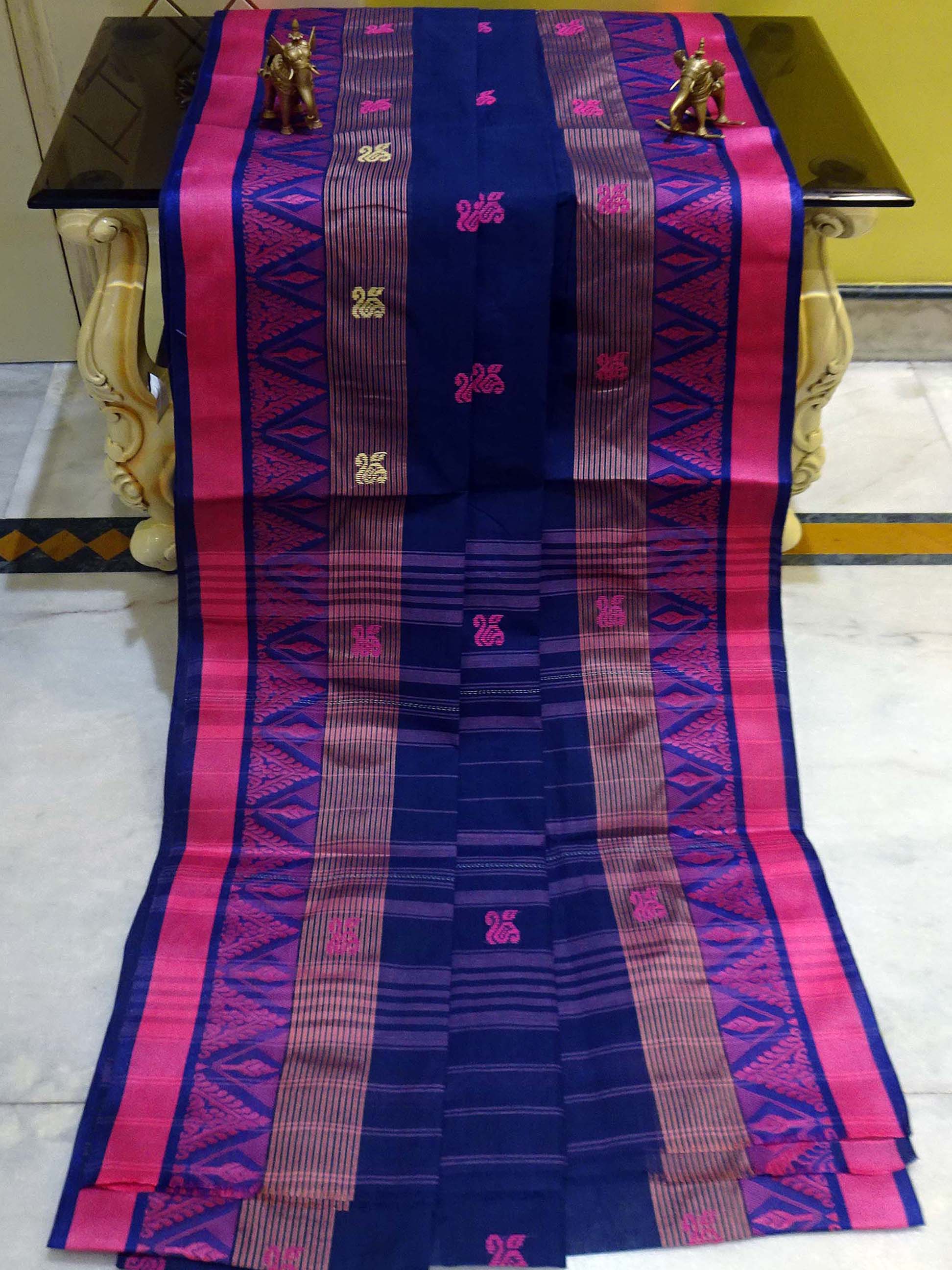 Bengal Handloom Begampuri Cotton Saree in Deep Blue, Pink and Beige