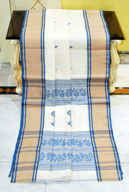 Woven Matta Nakshi Border Premium Quality Bengal Handloom Cotton Saree in Off white, Khaki and Admiral Blue