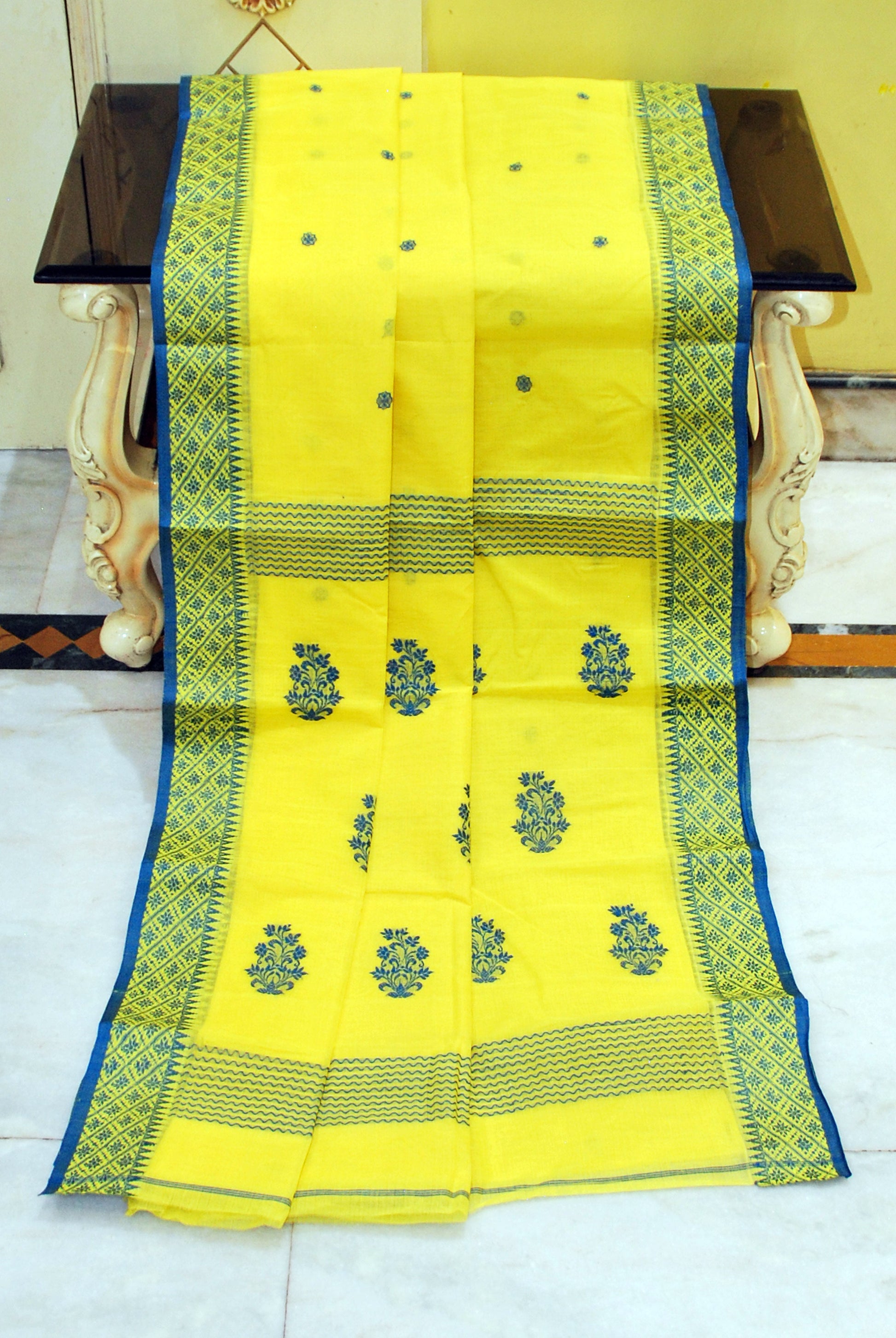 Medium Size Thread Nakshi Border Premium Quality Bengal Handloom Cotton Saree in Yellow and Navy Blue