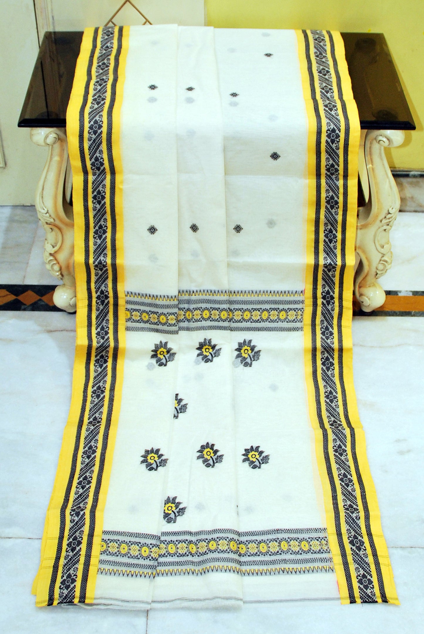 Medium Size Thread Nakshi Border Premium Quality Bengal Handloom Cotton Saree in Off White, Yellow and Black