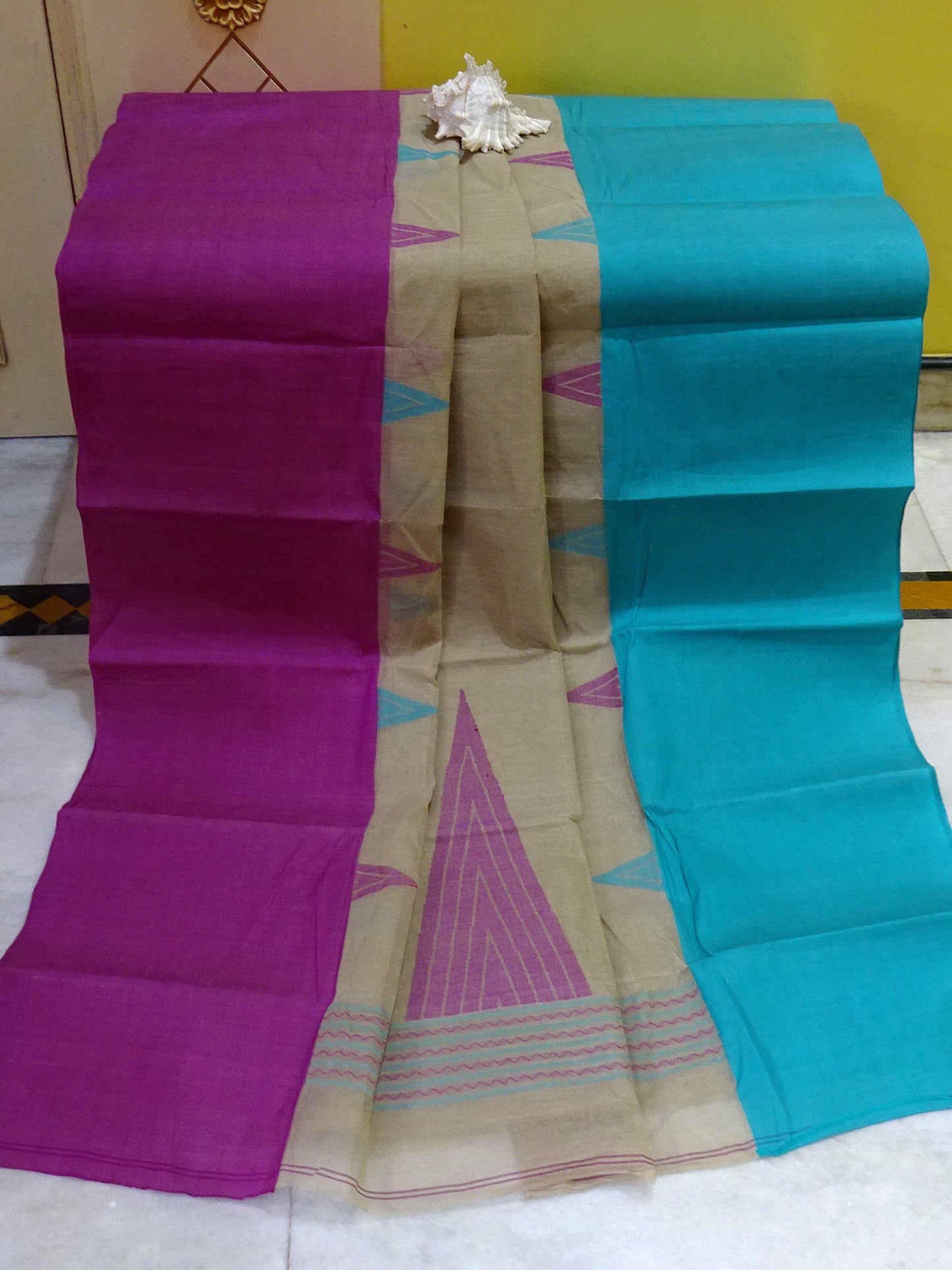 Mahapar Bengal Handloom Cotton Saree in Cement Grey, Purple and Azure