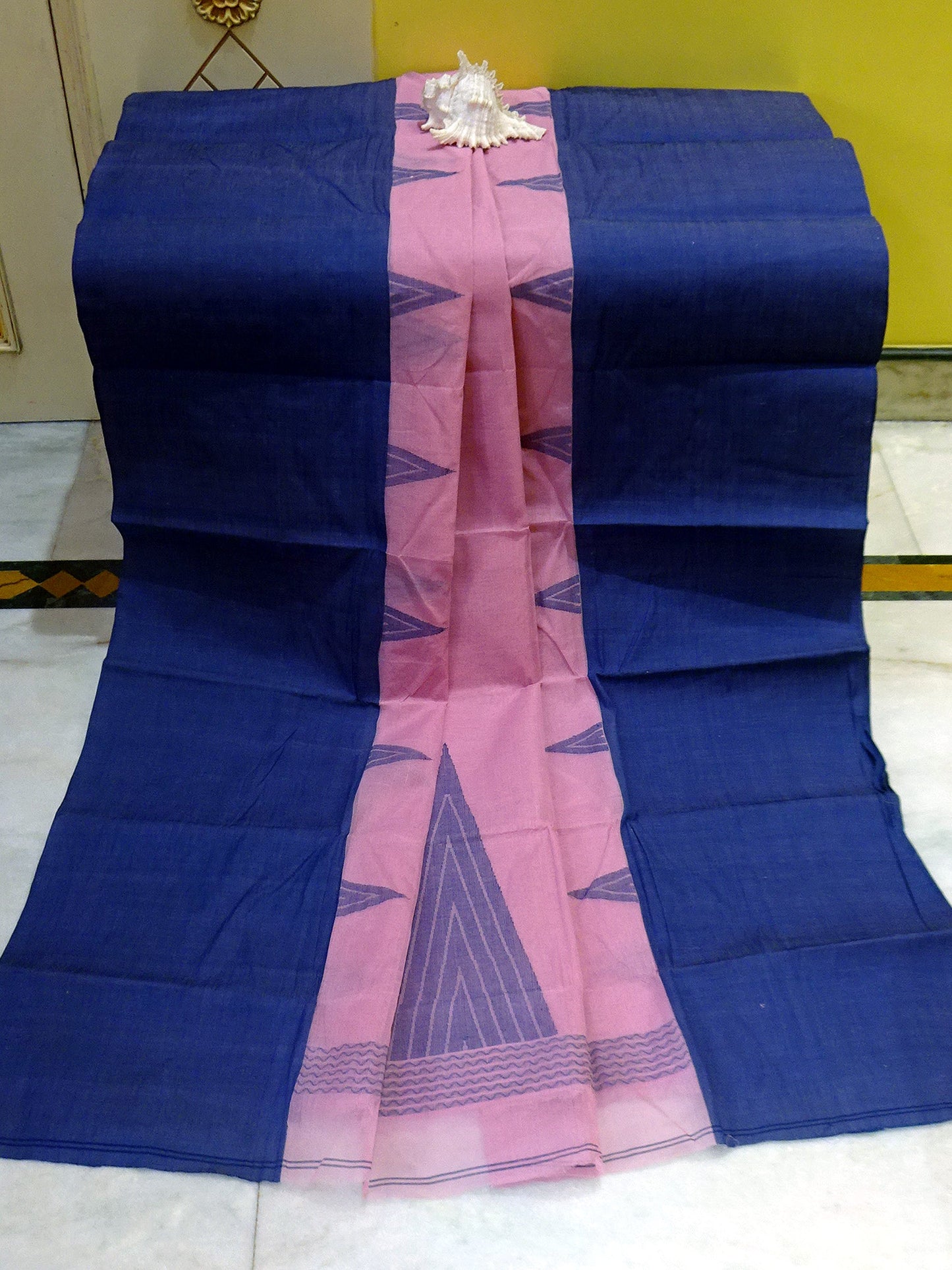 Mahapar Bengal Handloom Cotton Saree in Powder Pink and Deep Blue