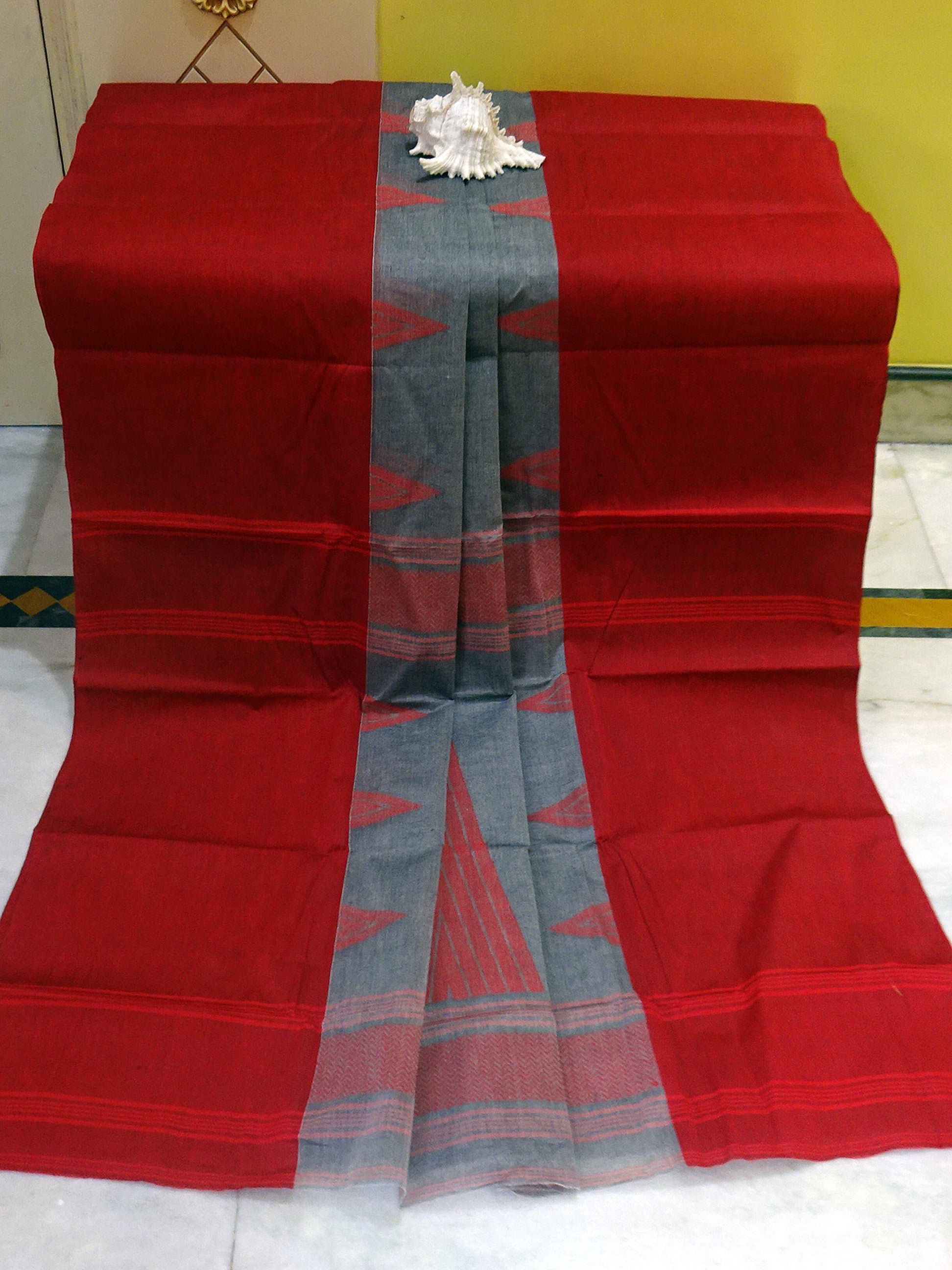 Mahapar Bengal Handloom Cotton Saree in Steel Grey and Dark Red