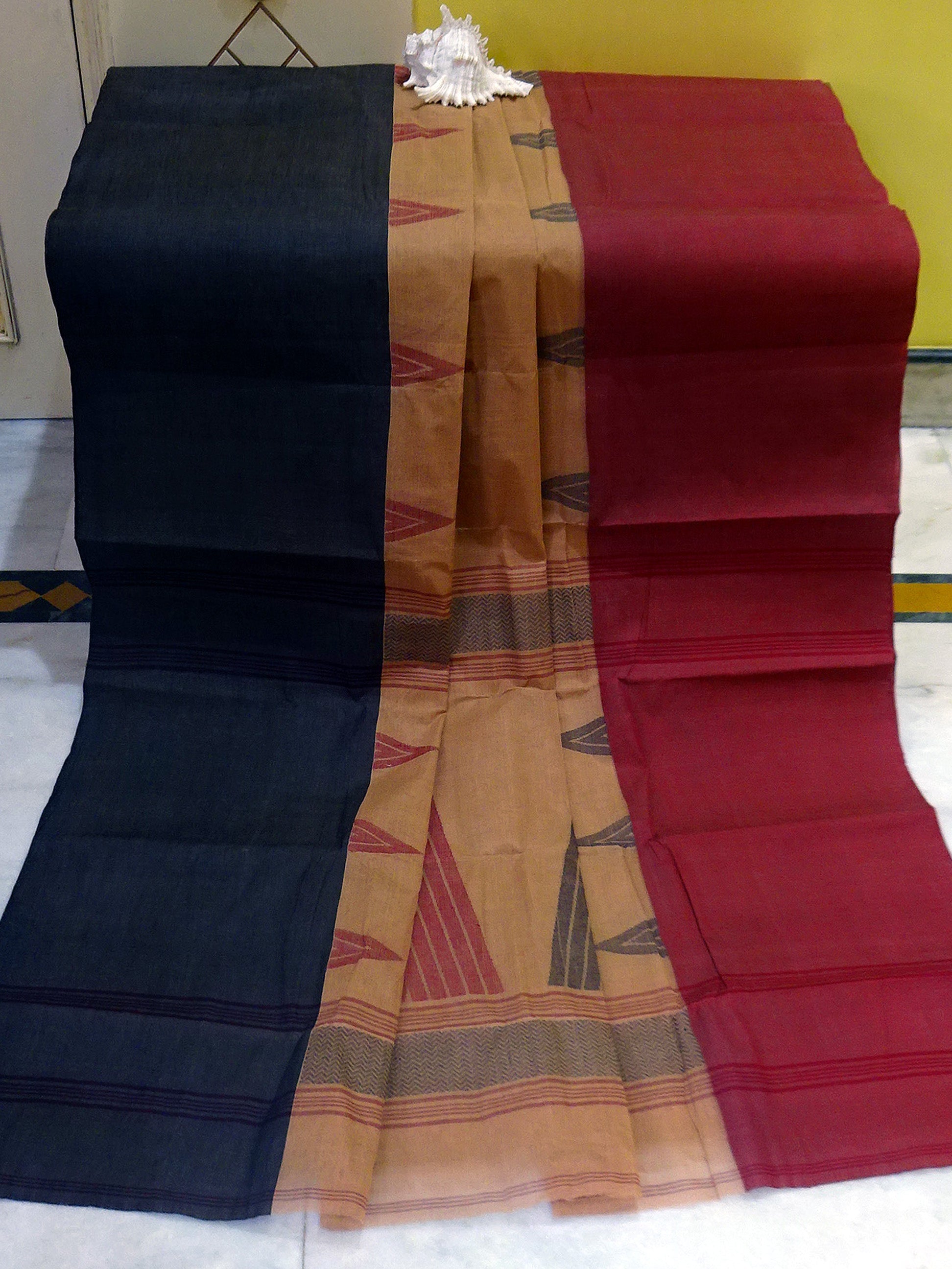 Mahapar Bengal Handloom Cotton Saree in Black, Khaki and Maroon