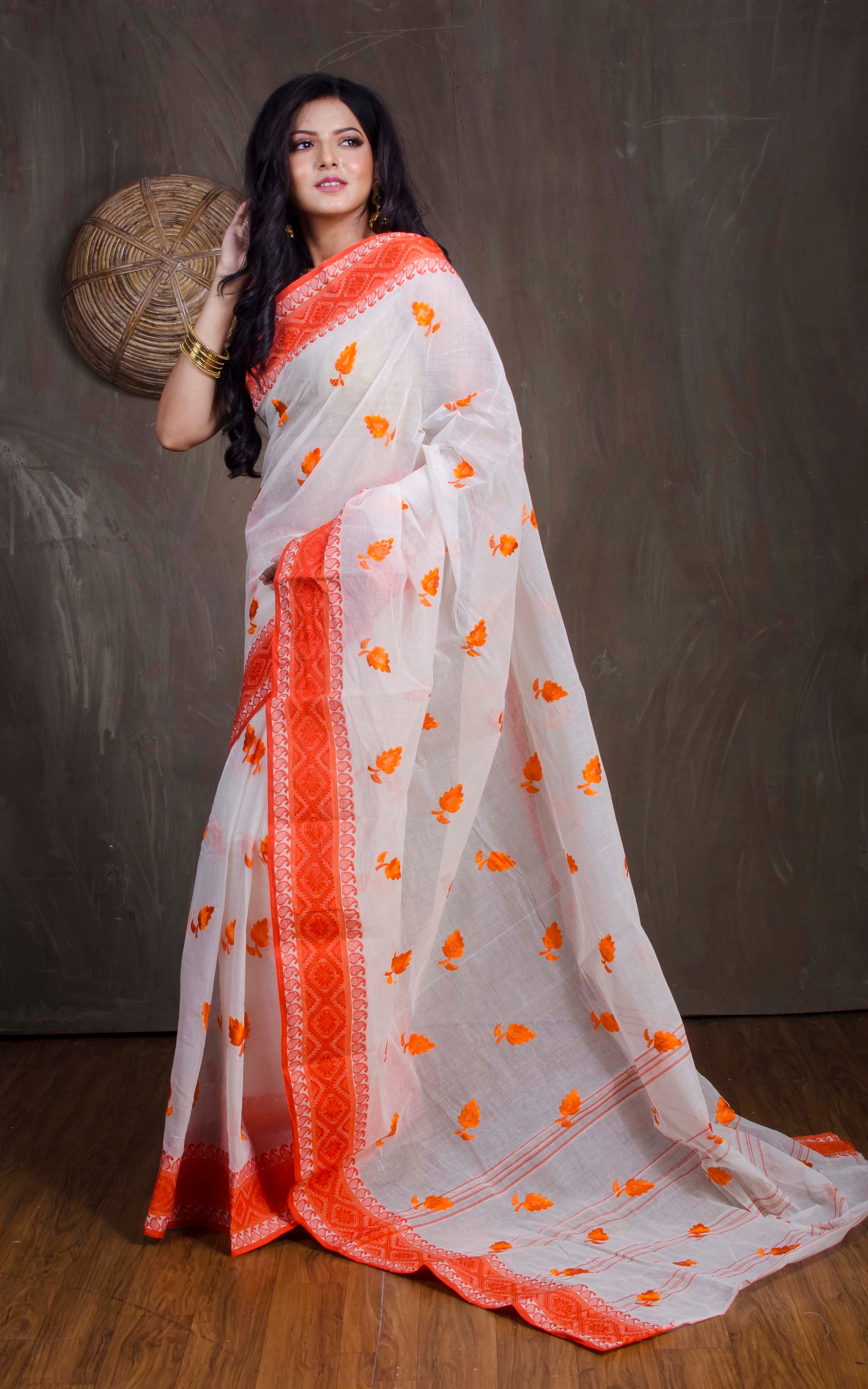 Bengal Handloom Cotton Saree with Leaf Motif Embroidery Work in Off White and Orange