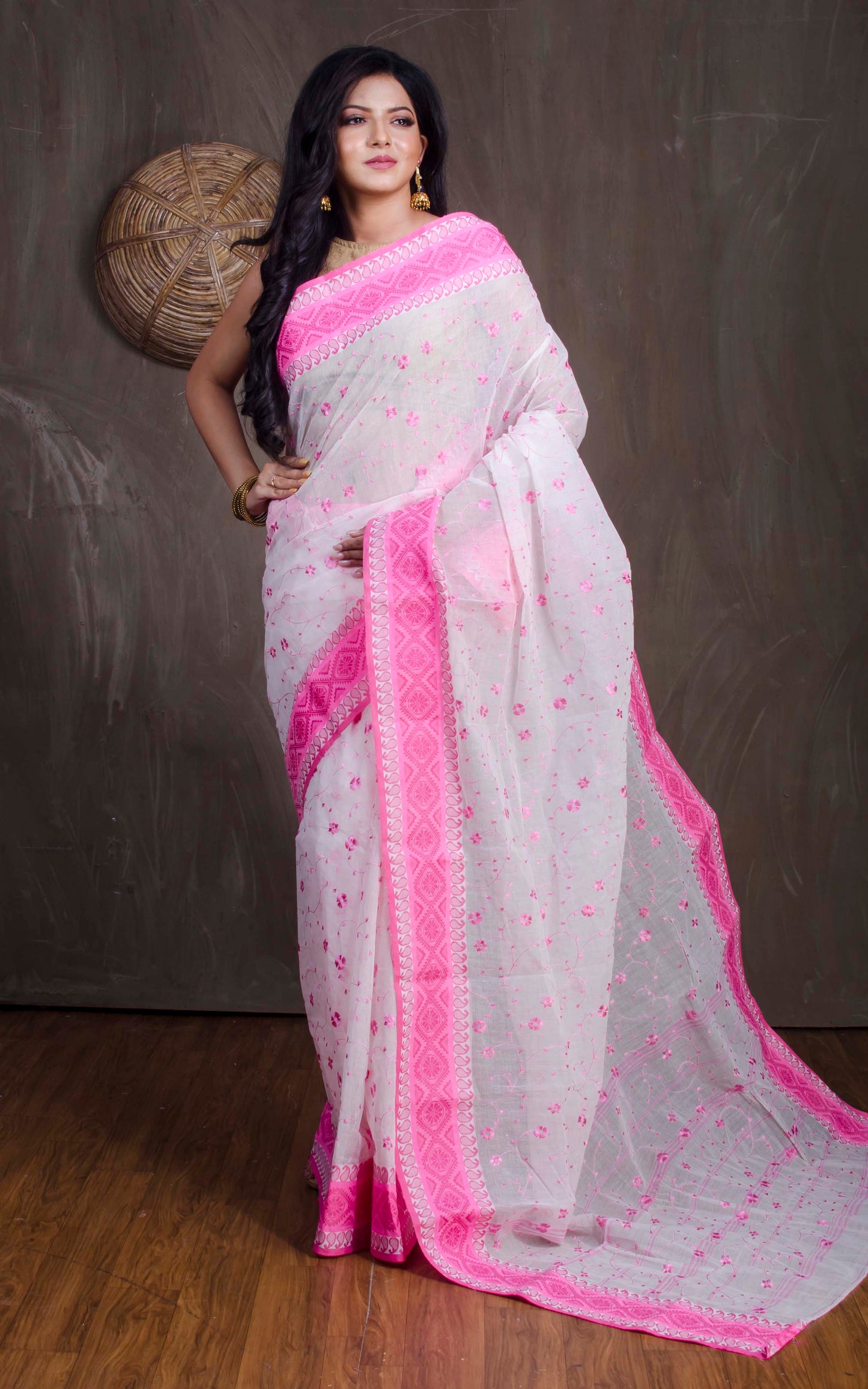 Bengal Handloom Cotton Saree with Floral Jaal Embroidery Work in White and Pink