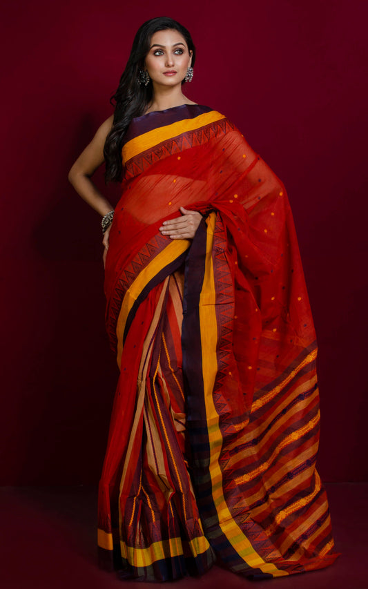 Tangail Cotton Kalakshetra Saree in Rust, Yellow and Navy Blue