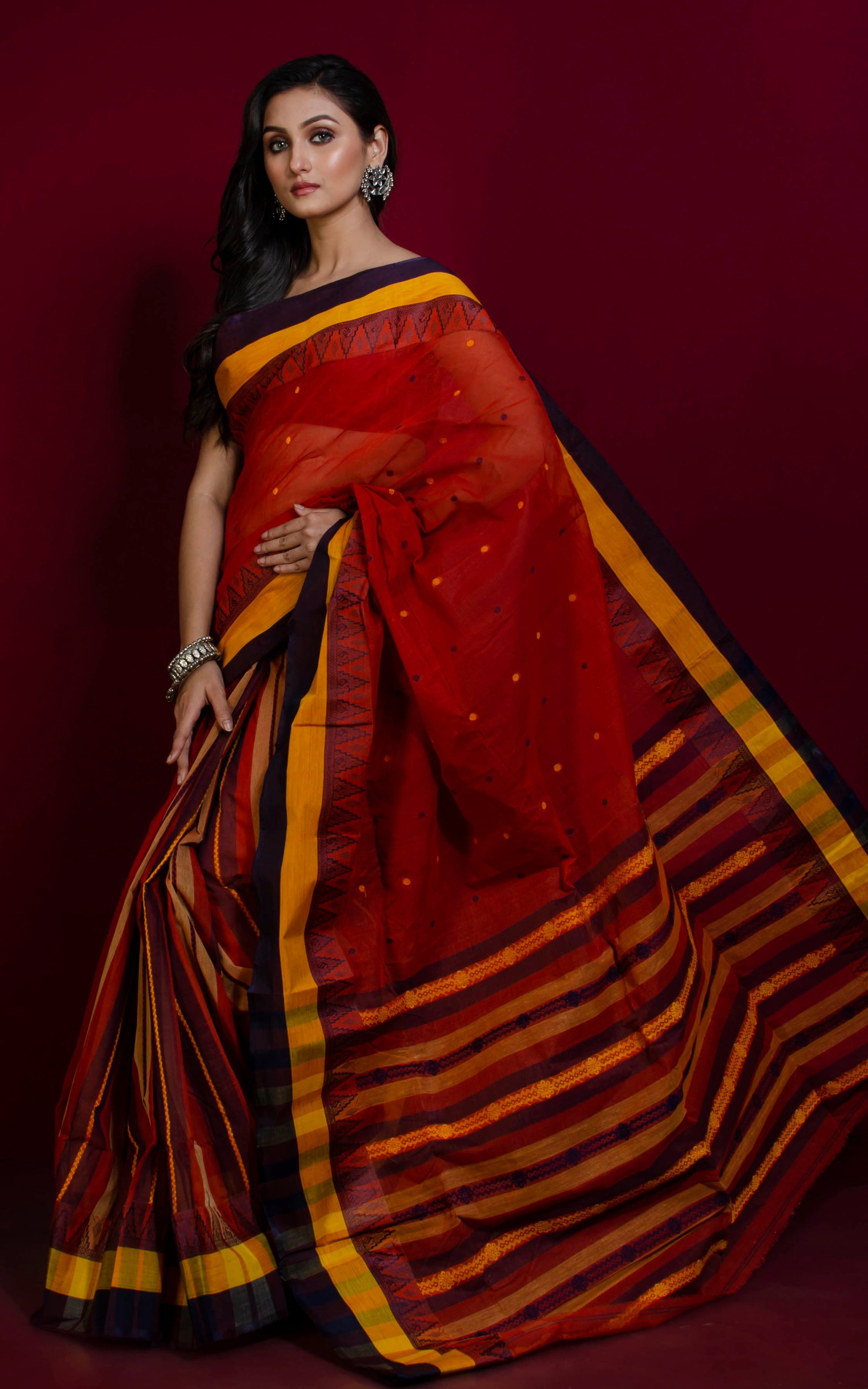 Tangail Cotton Kalakshetra Saree in Rust, Yellow and Navy Blue