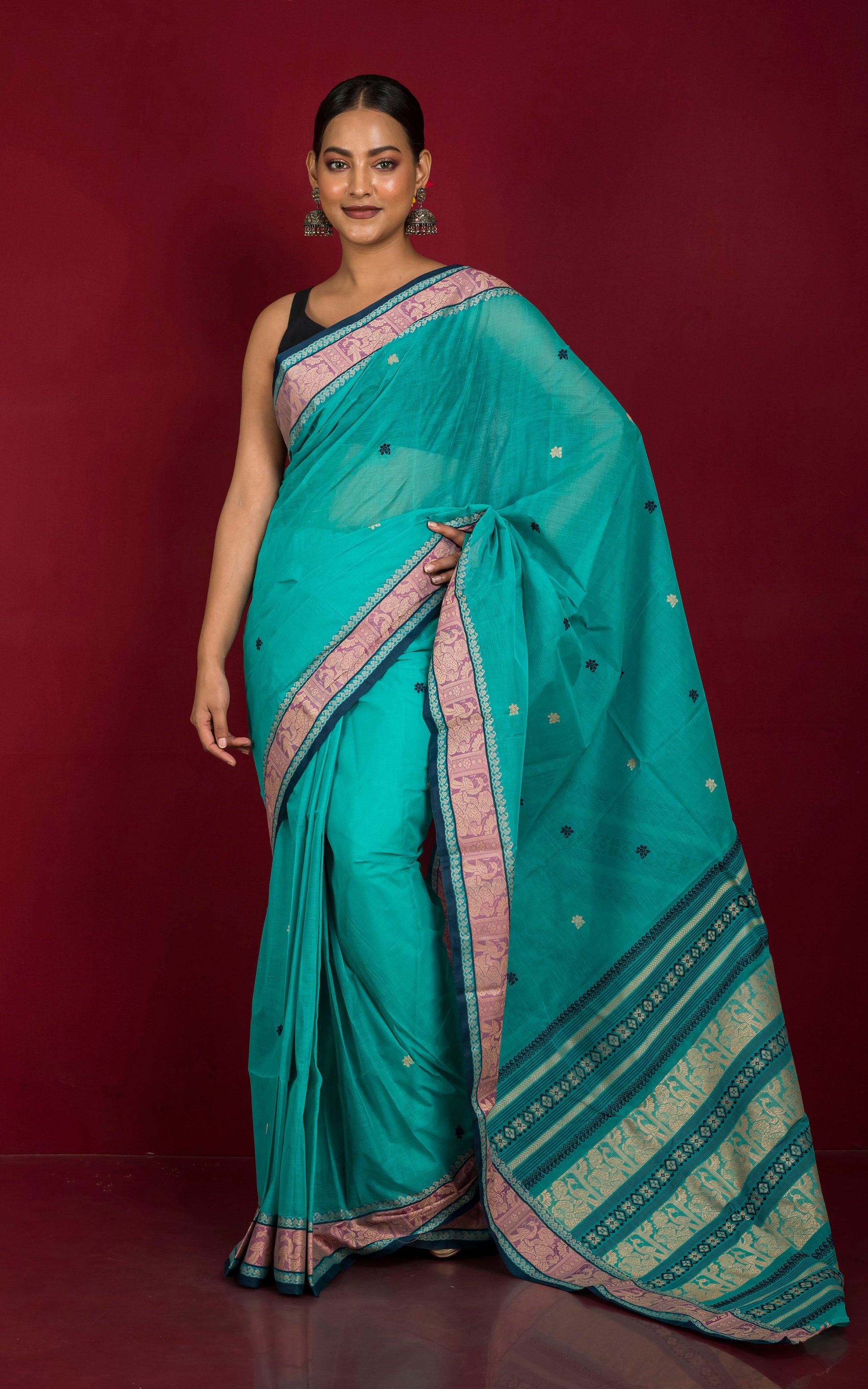 Bengal Handloom Cotton Baluchari Saree in Sea Green, Pastel Purple, Beige and Black