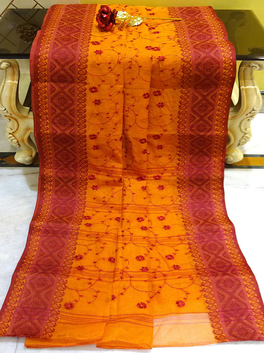 Bengal Handloom Cotton Saree with Floral Jaal Embroidery Work in Mustard Brown and Maroon