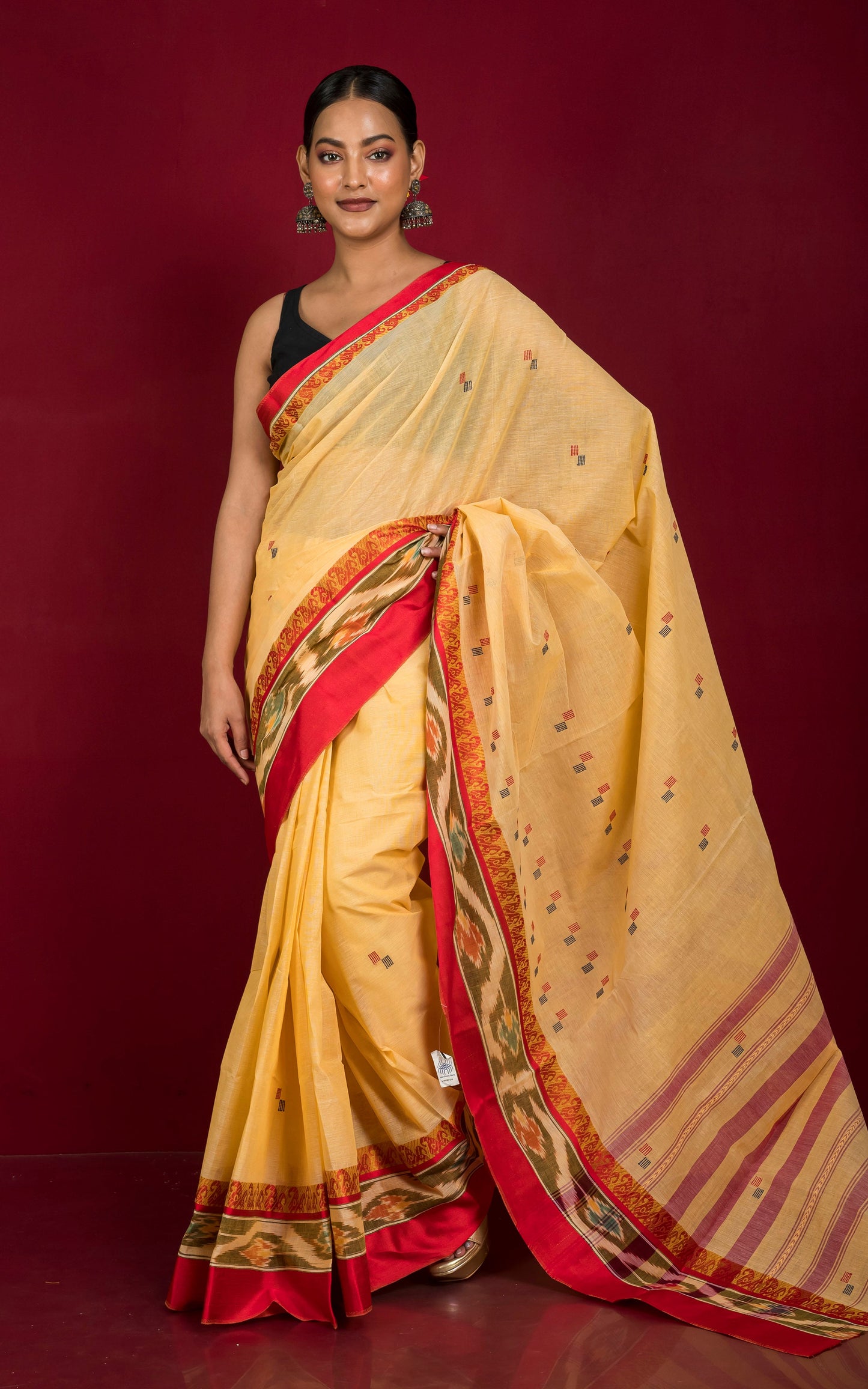 Begampuri Bengal Handloom Kotki Skirt Border Cotton Saree in Beige, Red and Black