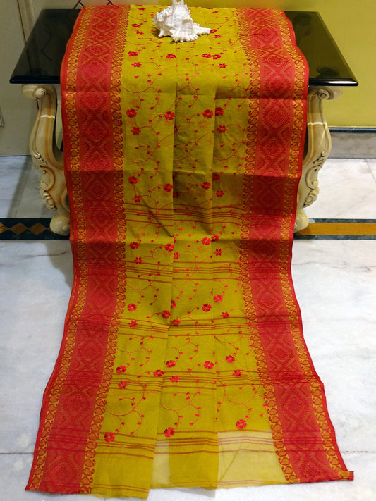 Bengal Handloom Cotton Saree with Floral Jaal Embroidery Work in Mehndi Green and Red