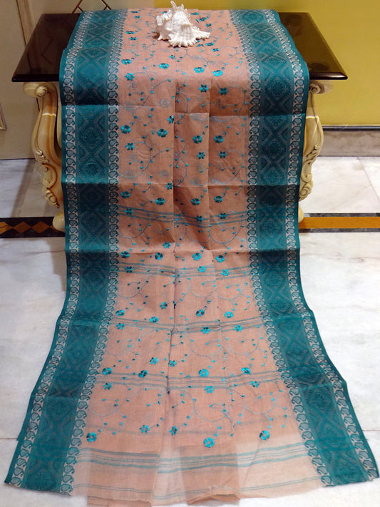 Bengal Handloom Cotton Saree with Floral Jaal Embroidery Work in Khaki and Sea Green