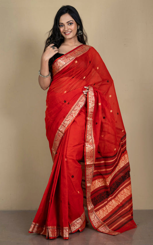 Bengal Handloom Cotton Baluchari Saree in Rust, Beige and Black