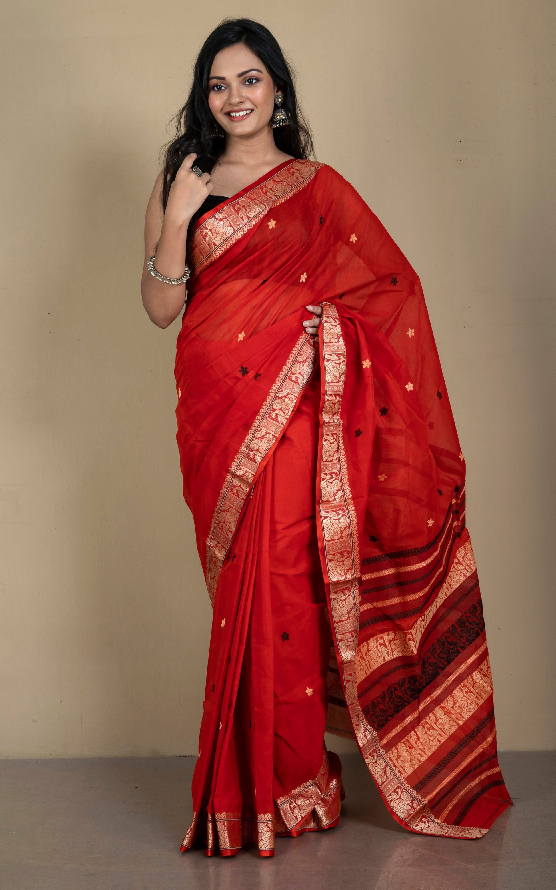 Bengal Handloom Cotton Baluchari Saree in Rust, Beige and Black