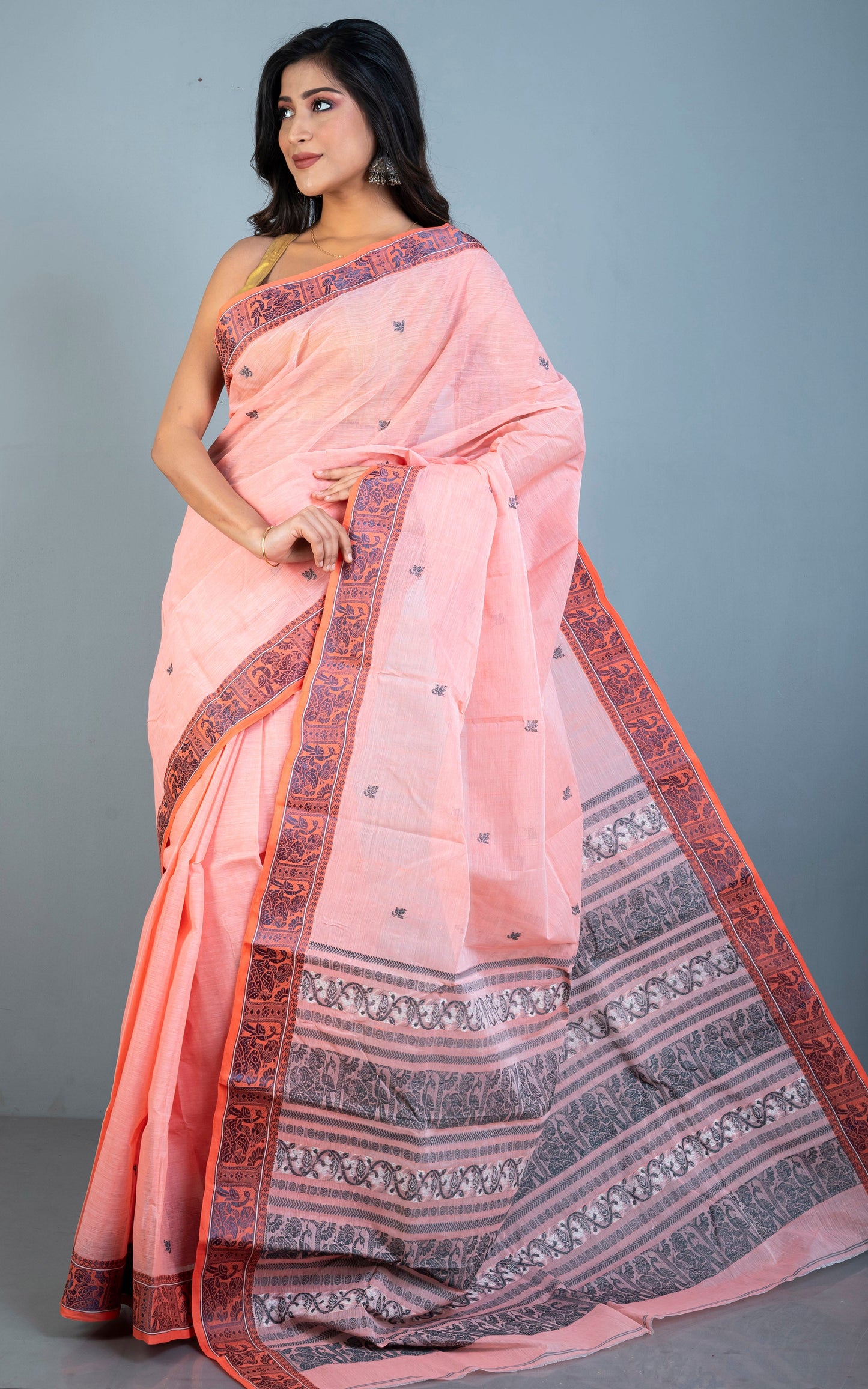 Bengal Handloom Cotton Baluchari Saree in Peach, Steel Grey and Off White