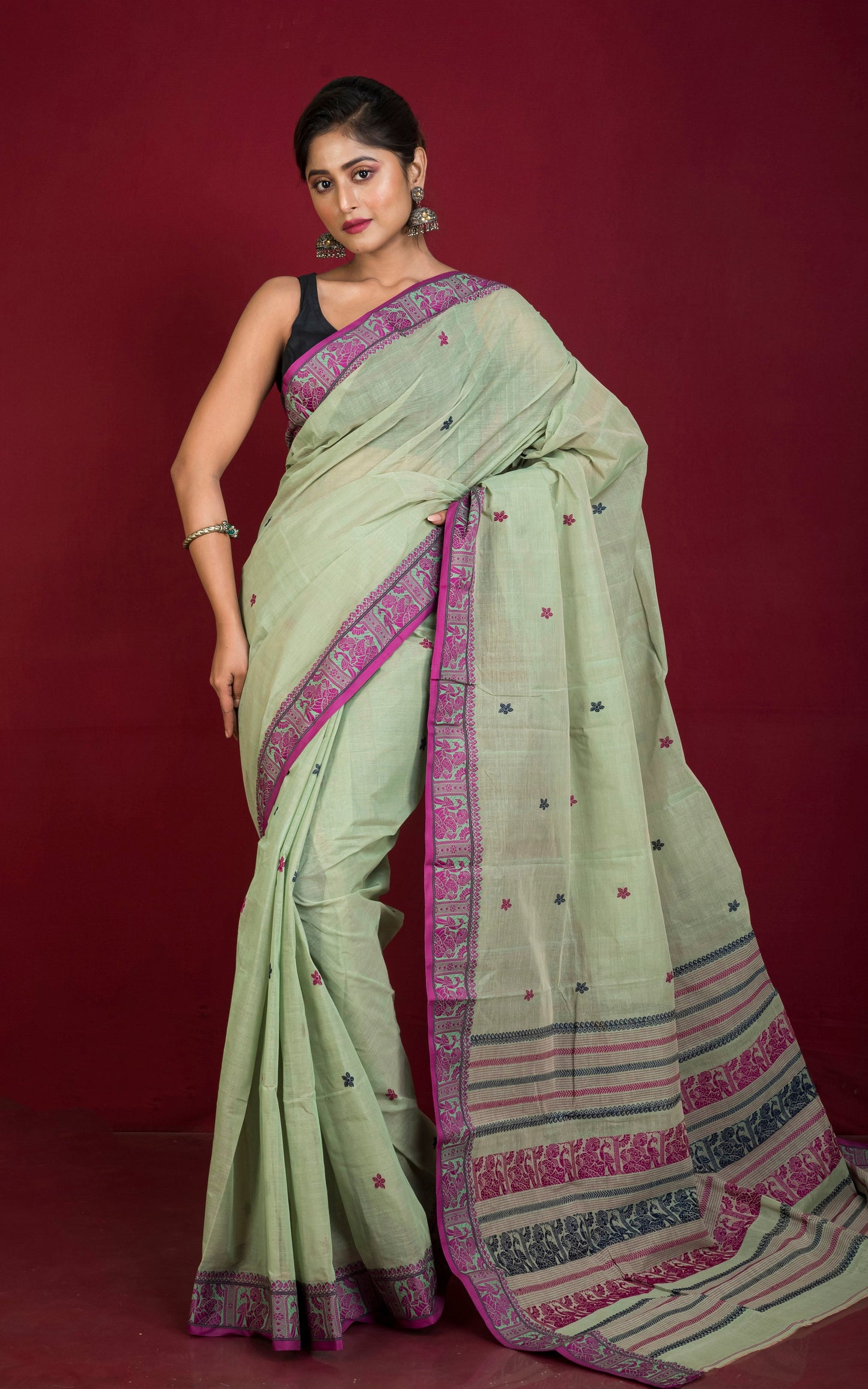 Bengal Handloom Cotton Baluchari Saree in Pistachio Green, Magenta and Midnight Blue