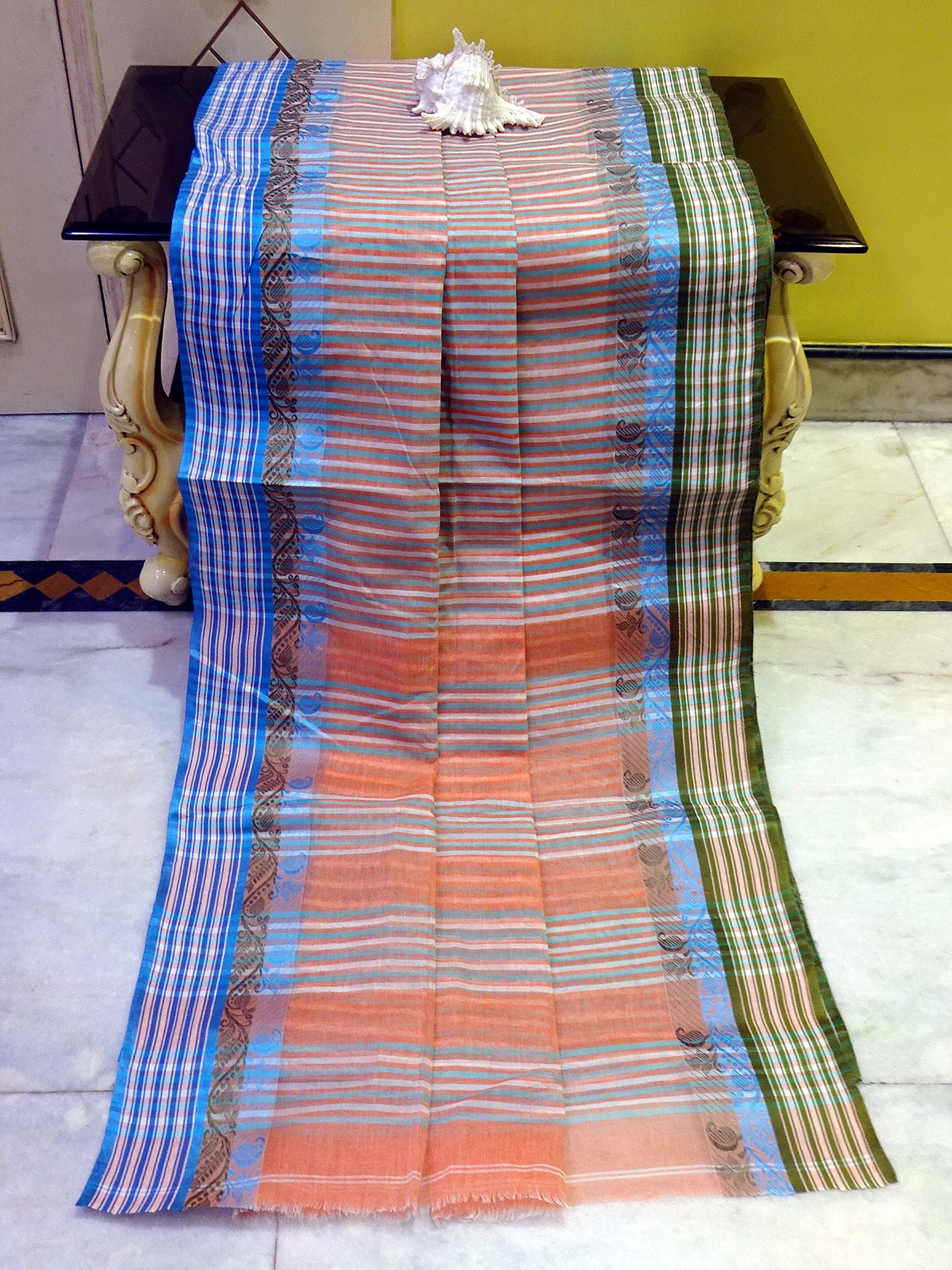 Bengal Handloom Cotton Saree in Light Orange, Blue and Dark Green