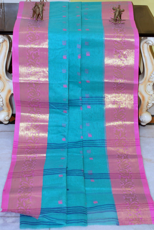 Bengal Handloom Cotton Hazar Buti Saree in Sea Green and Pink