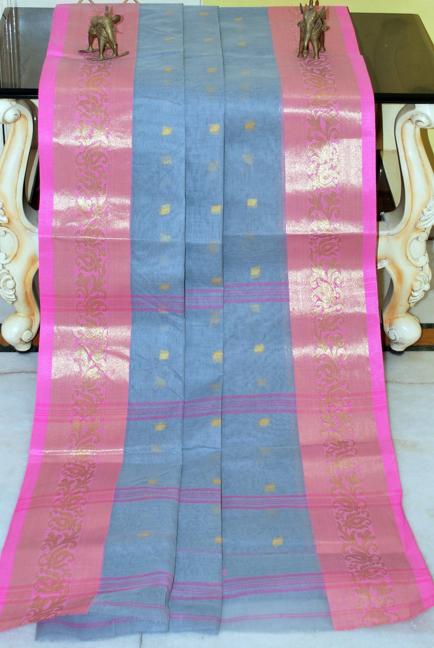 Bengal Handloom Cotton Hazar Buti Saree in Silver Grey, Beige and Pink