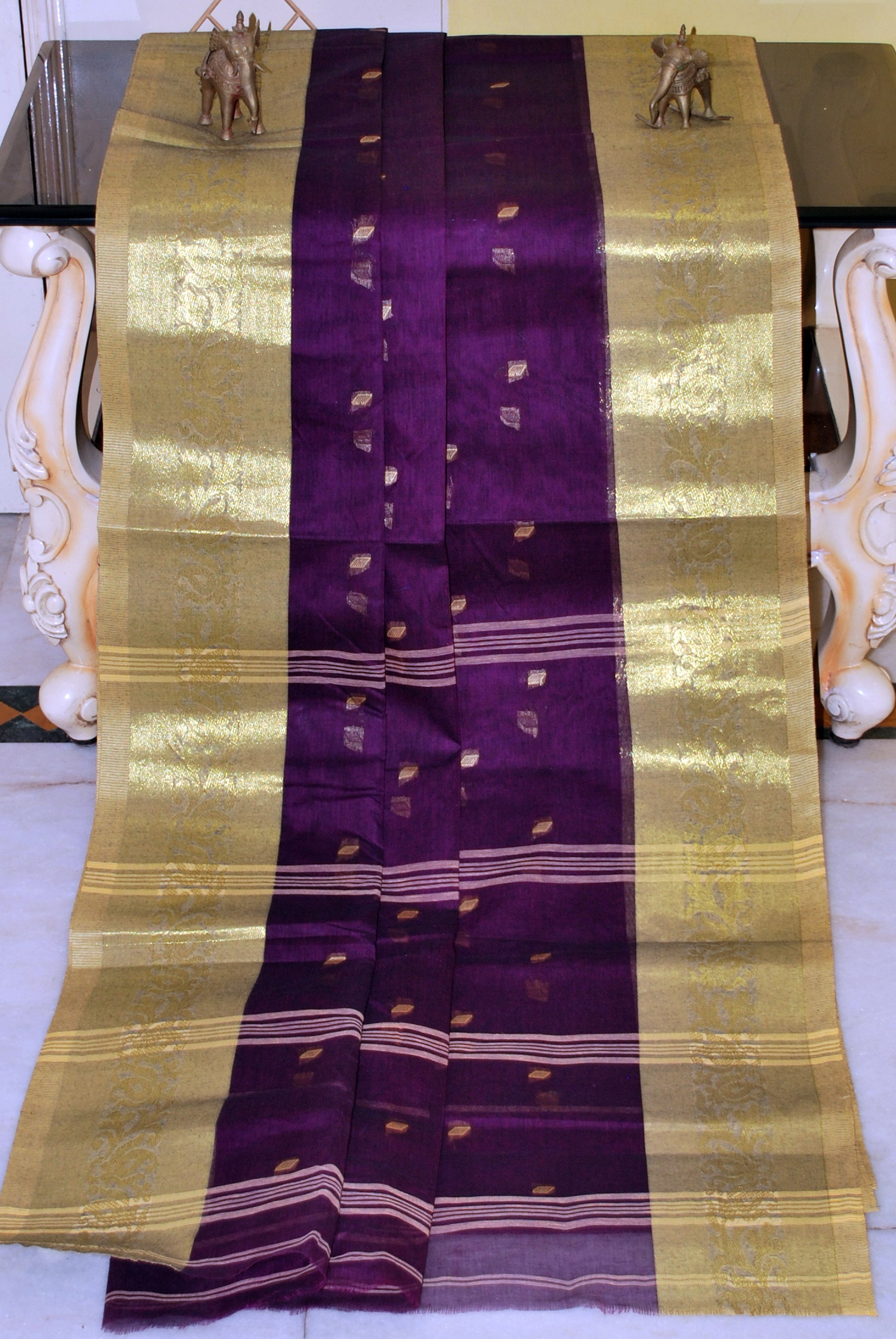 Bengal Handloom Cotton Hazar Buti Saree in Eggplant Purple and Matt Golden