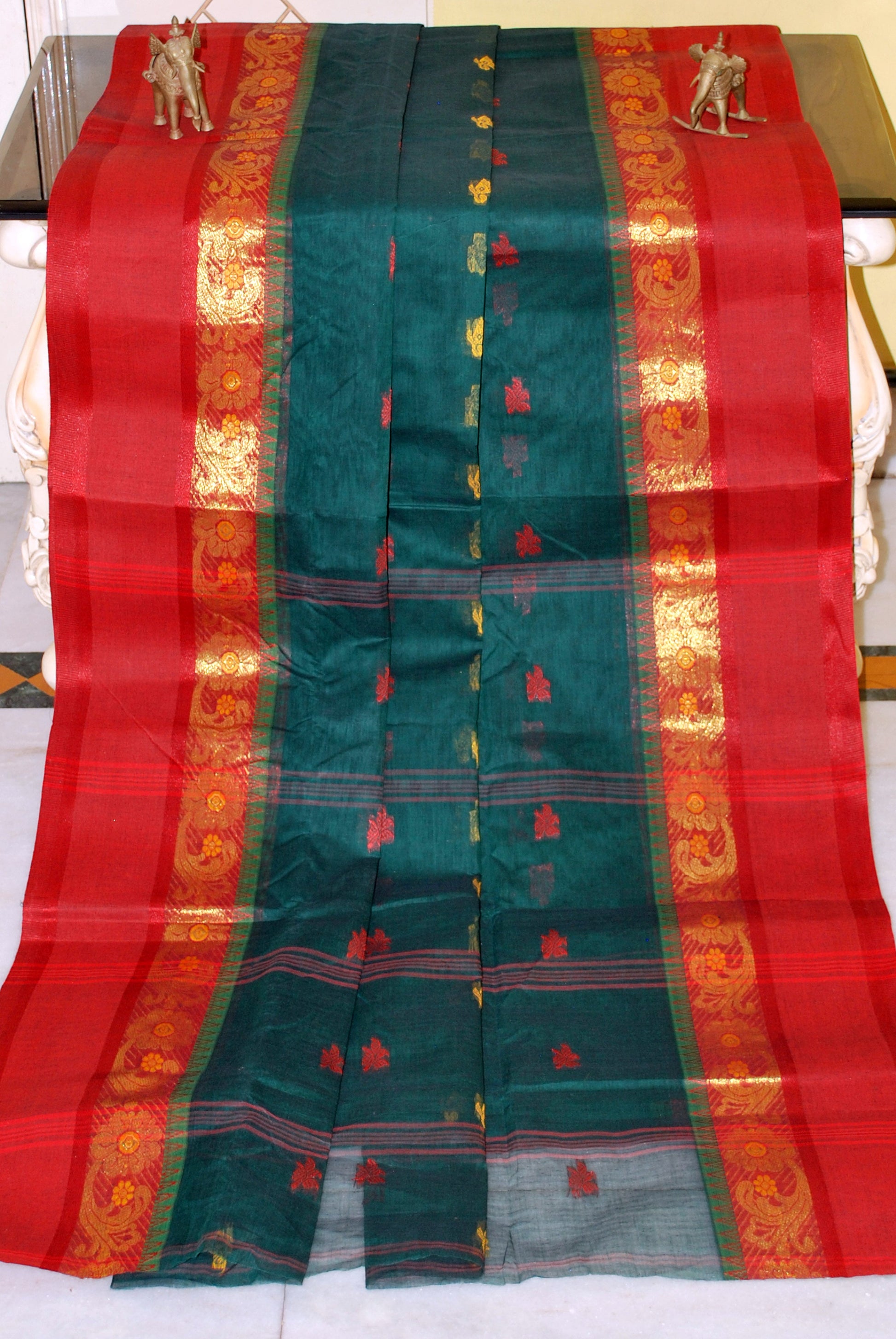 Bengal Handloom Cotton Hazar Buti Saree in Phthalo Green, Bright Red and Yellow