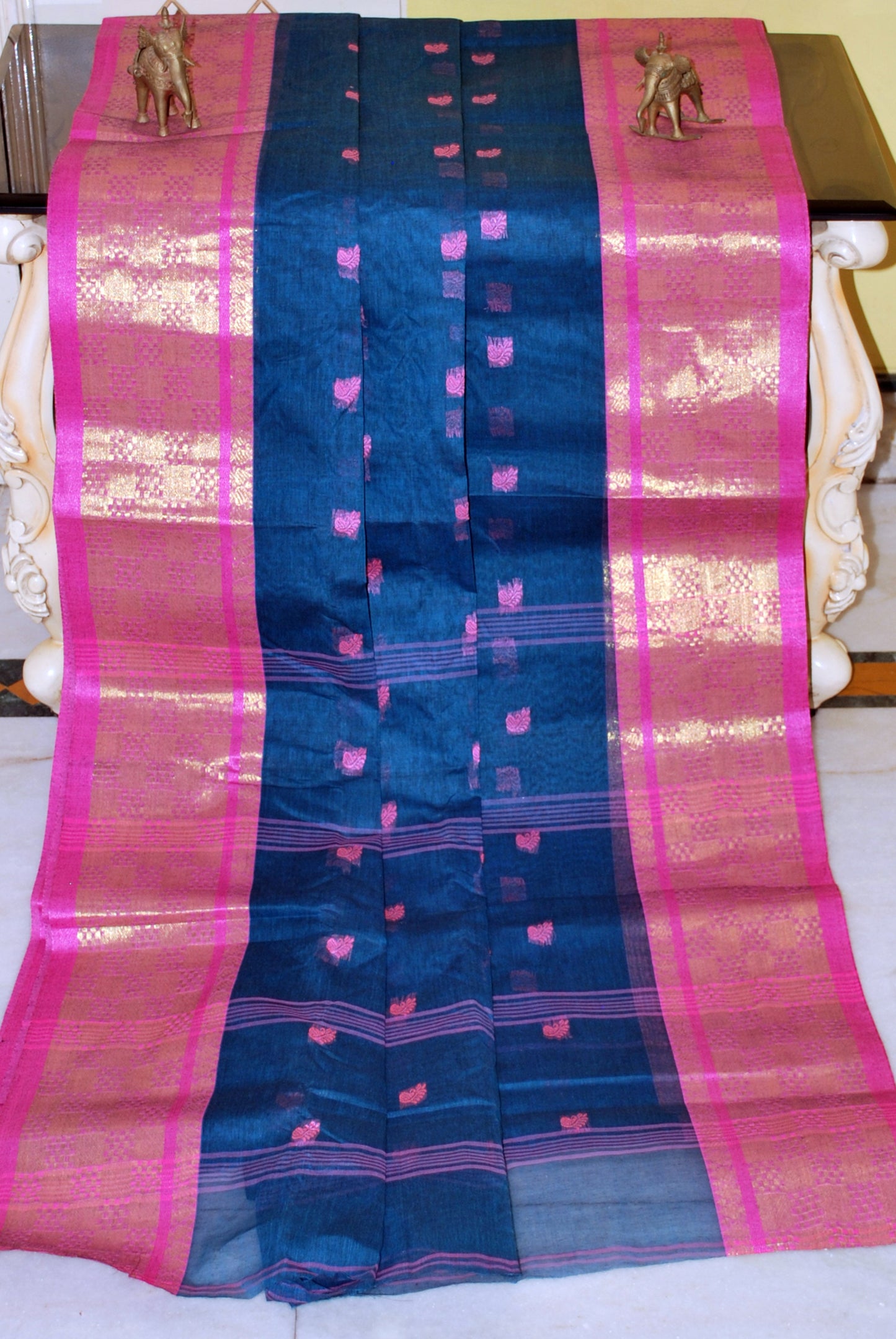 Bengal Handloom Cotton Hazar Buti Saree in Denim Blue and Bright Pink