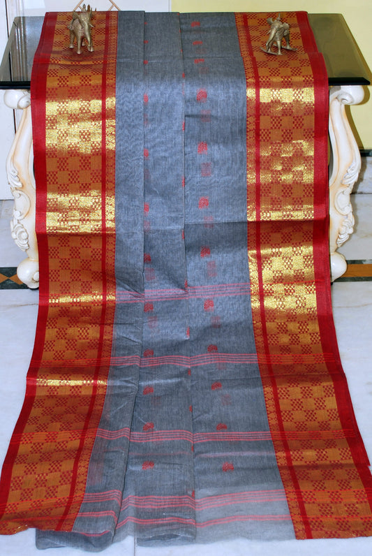 Bengal Handloom Cotton Hazar Buti Saree in Steel Grey and Dark Red