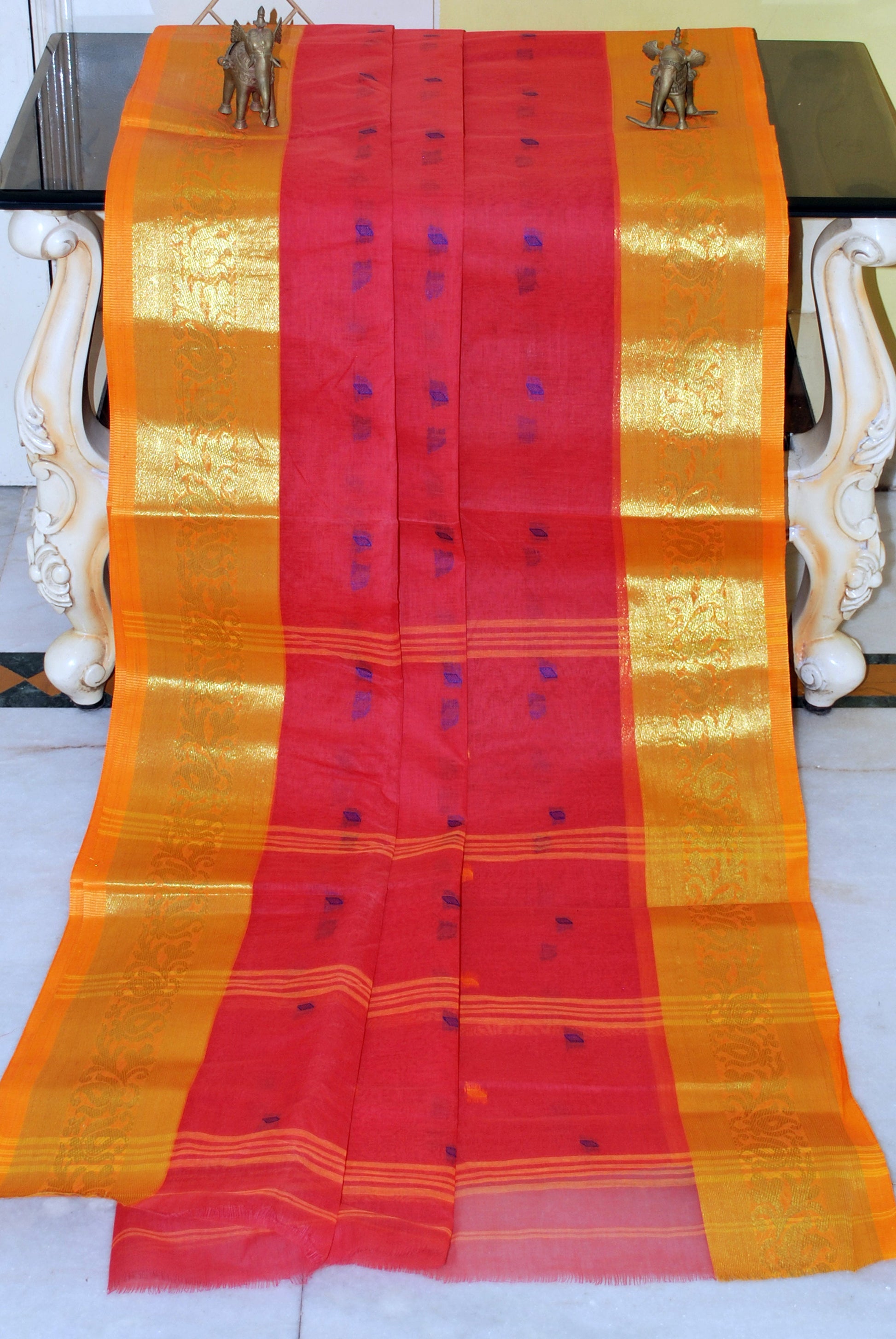 Bengal Handloom Cotton Hazar Buti Saree in Strawberry, Blue and Marigold Orange