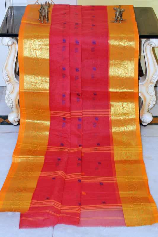 Bengal Handloom Cotton Hazar Buti Saree in Strawberry, Blue and Marigold Orange