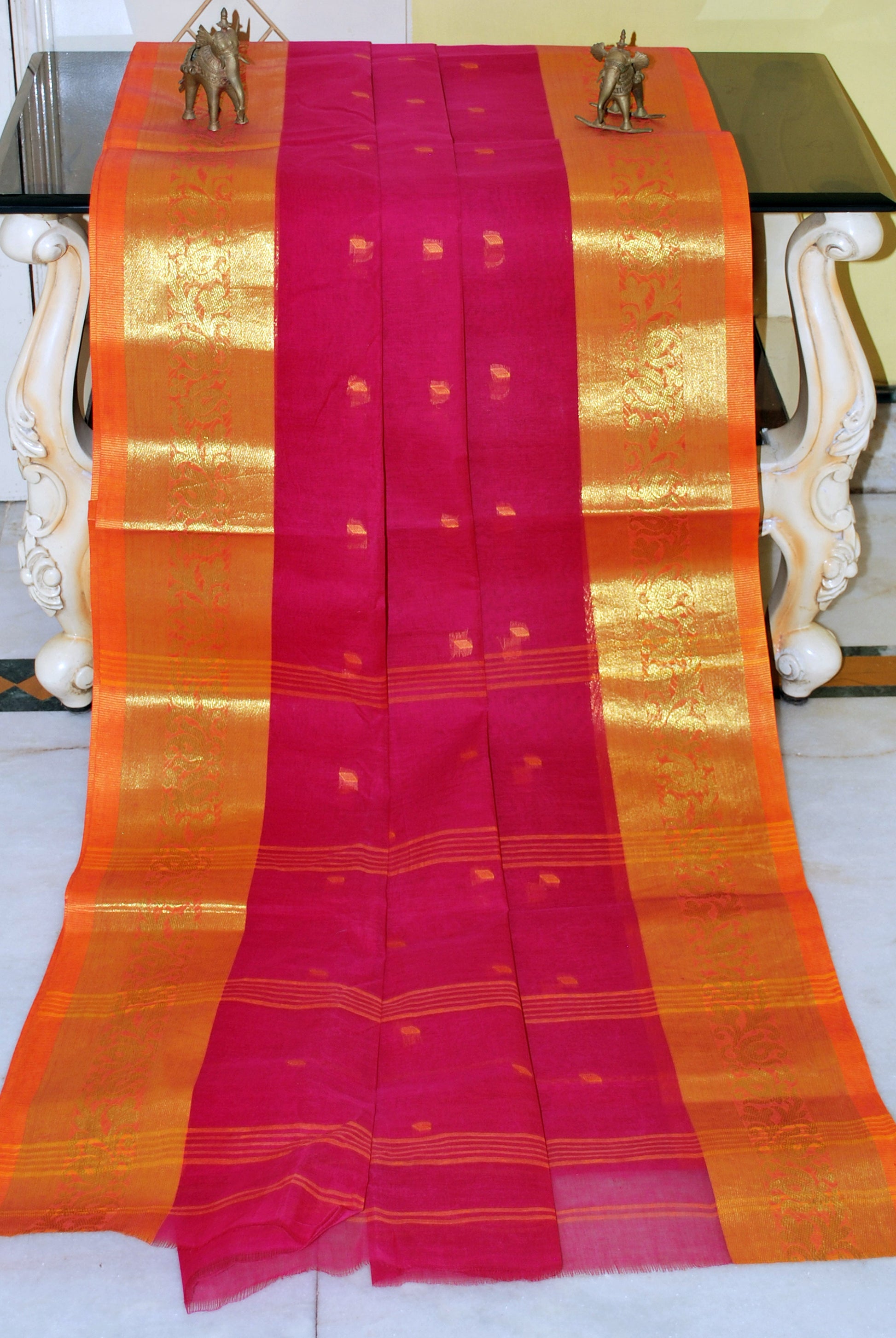 Bengal Handloom Cotton Hazar Buti Saree in Cerise Pink and Orange