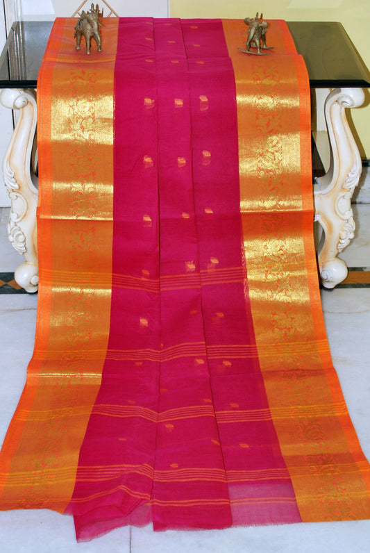 Bengal Handloom Cotton Hazar Buti Saree in Cerise Pink and Orange