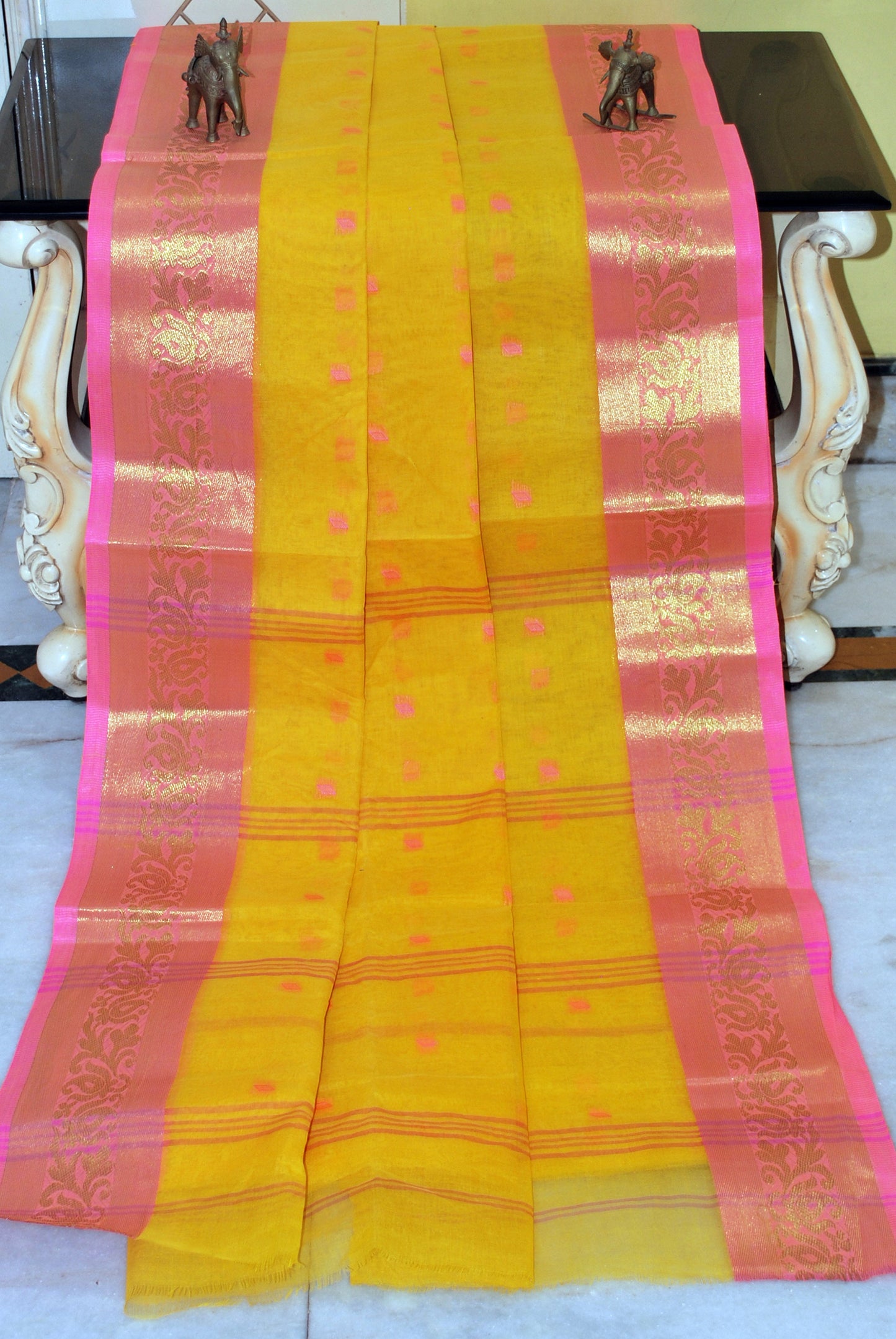 Bengal Handloom Cotton Hazar Buti Saree in Bright Yellow and Pink