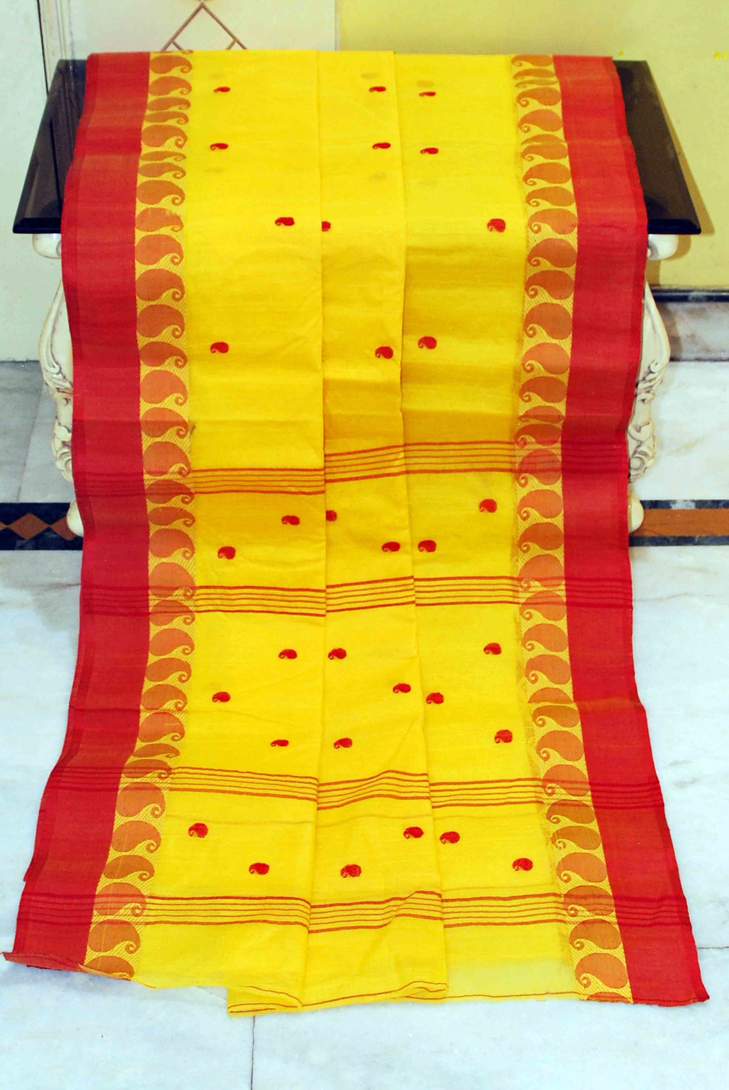 Bengal Handloom Hazar Butti Cotton Saree in Yellow and Red