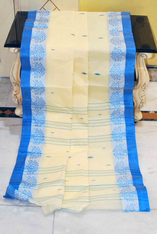 Bengal Handloom Cotton Saree in Cream, Off White and Blue