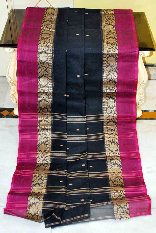 Bengal Handloom Cotton Saree in Black, Beige and Raspberry