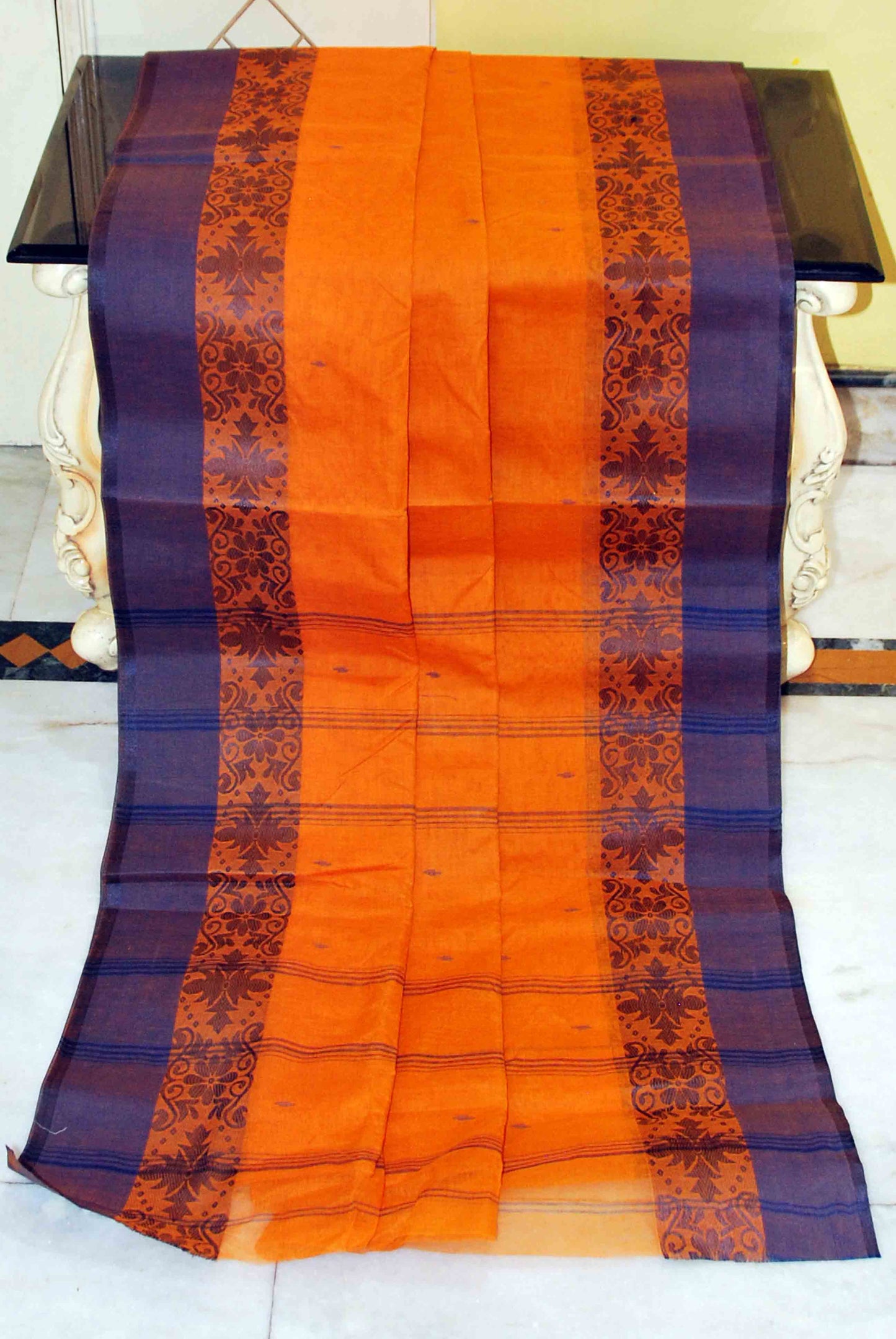 Bengal Handloom Cotton Saree in Amber and Navy Blue