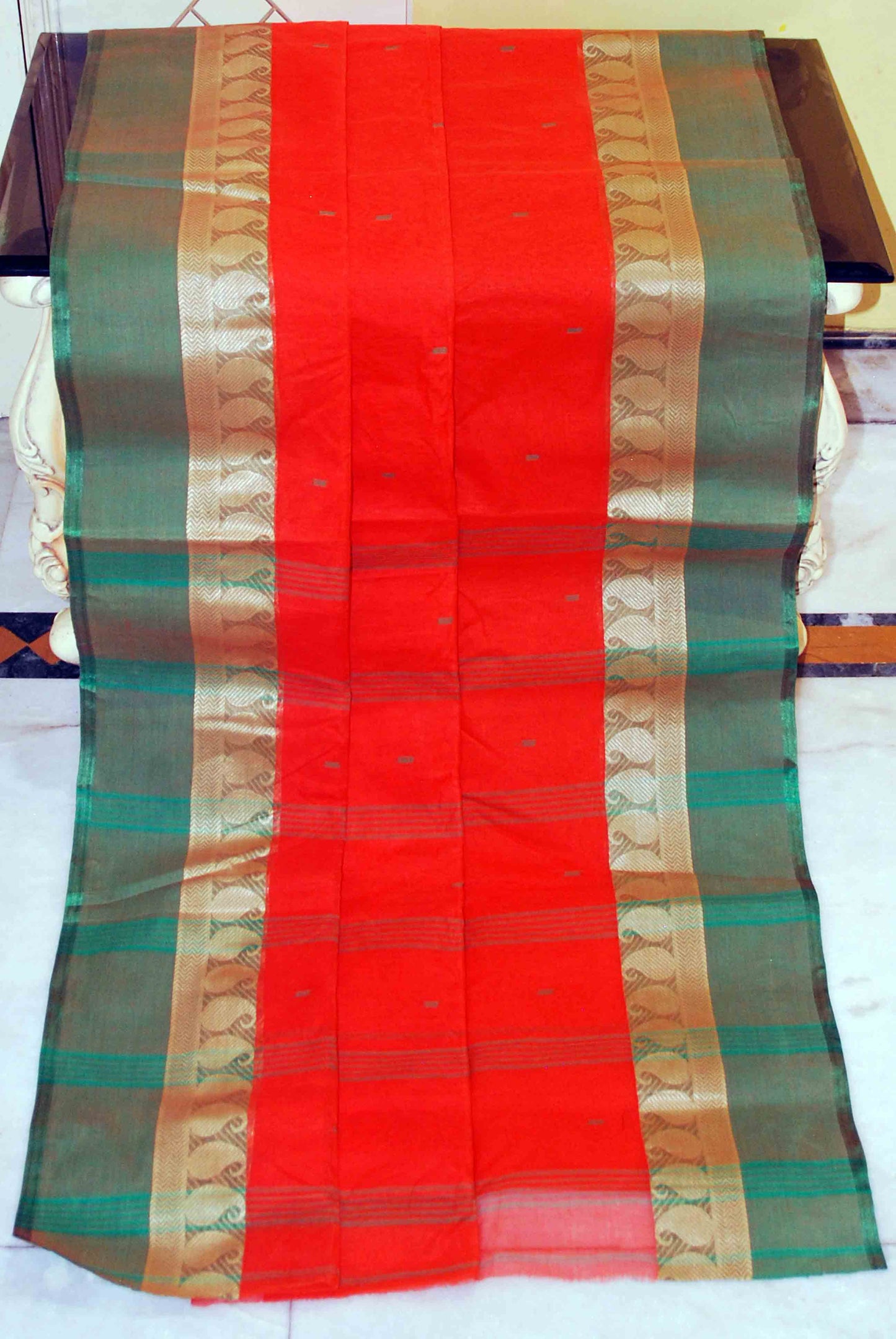 Bengal Handloom Cotton Saree in Orange and Green