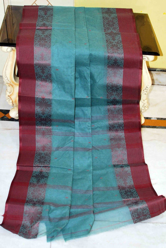 Bengal Handloom Cotton Saree in Teal and Burgundy