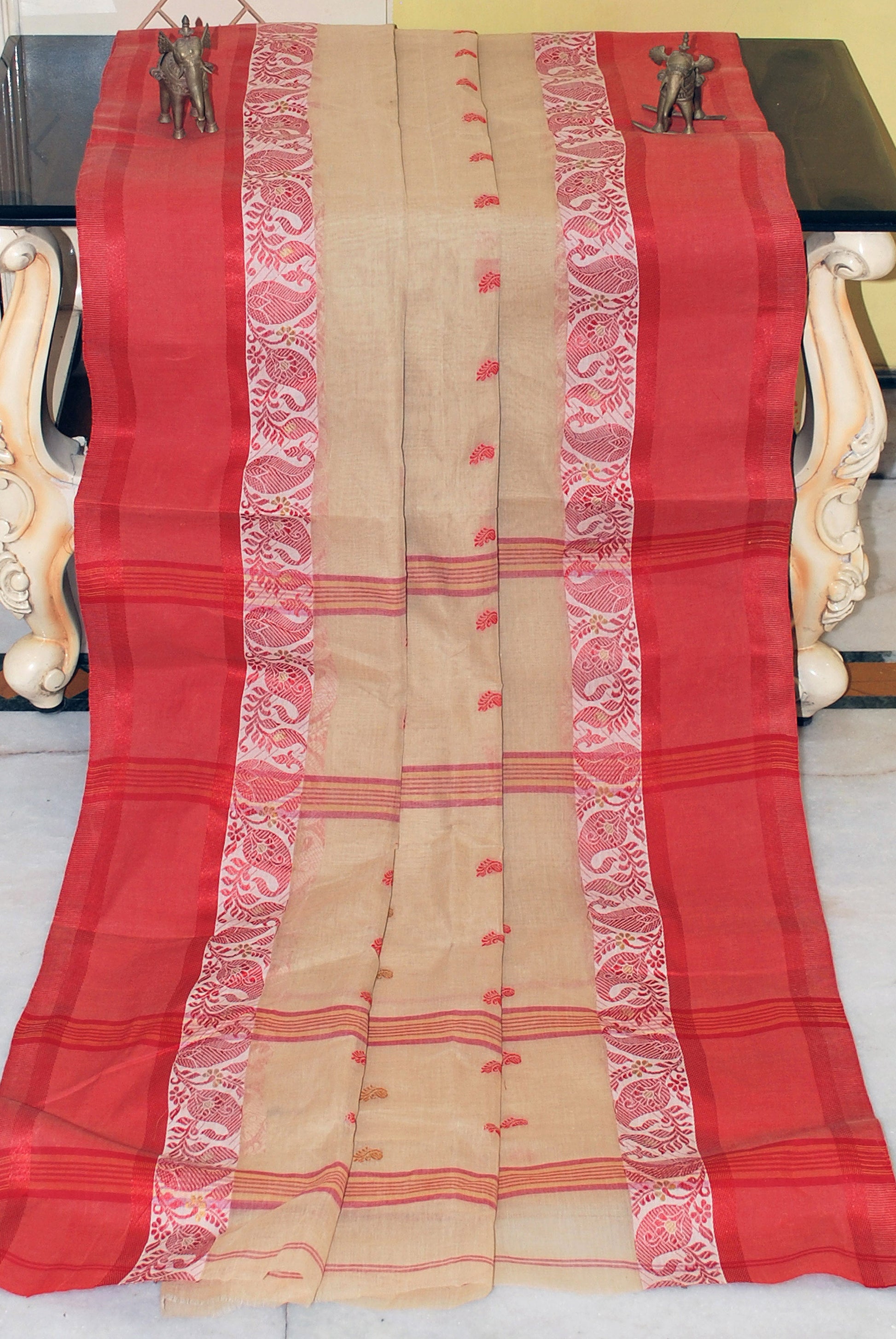 Woven Thread Nakshi Motif Work Bengal Handloom Cotton Saree in Light Brown, Off White and Red