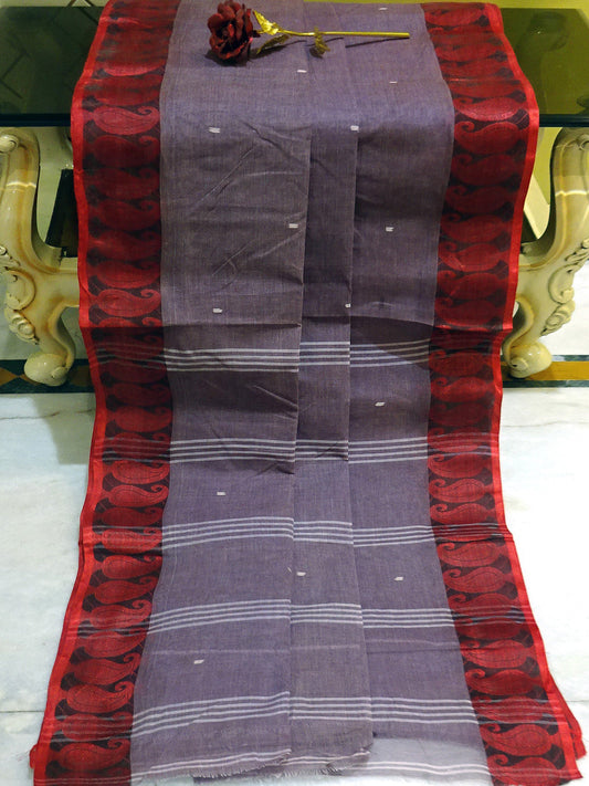 Woven Paisley Motif Work Bengal Handloom Cotton Saree in Grape and Dark Red