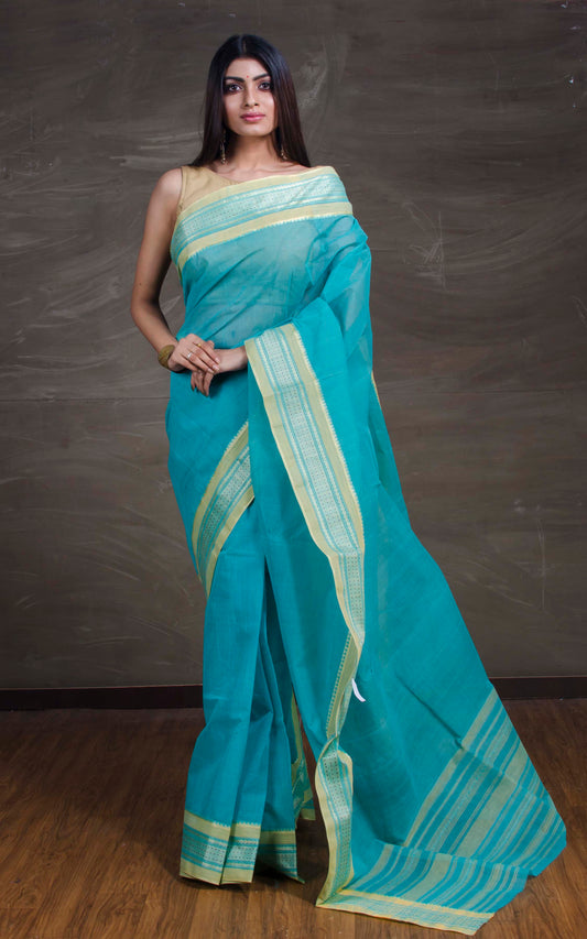 Bengal Handloom Begampuri Cotton Saree in Sea Green and Beige