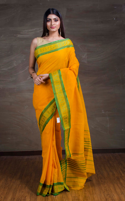 Bengal Handloom Begampuri Cotton Saree in Cyber Yellow and Natural Green