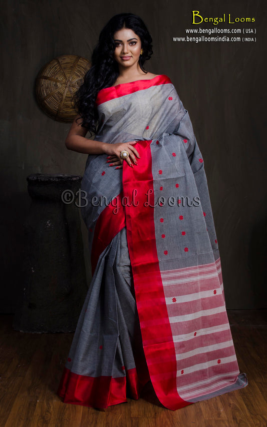 Bengal Handloom Satin Silk Border Cotton Saree in Metallic Grey and Dark Red