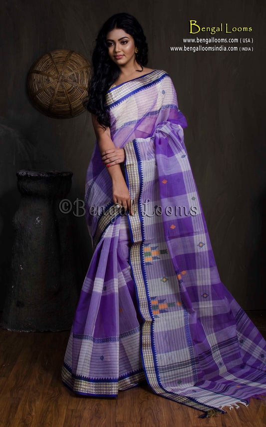 Bengal Handloom Begampuri Cotton Saree in Violet, Off White and Blue