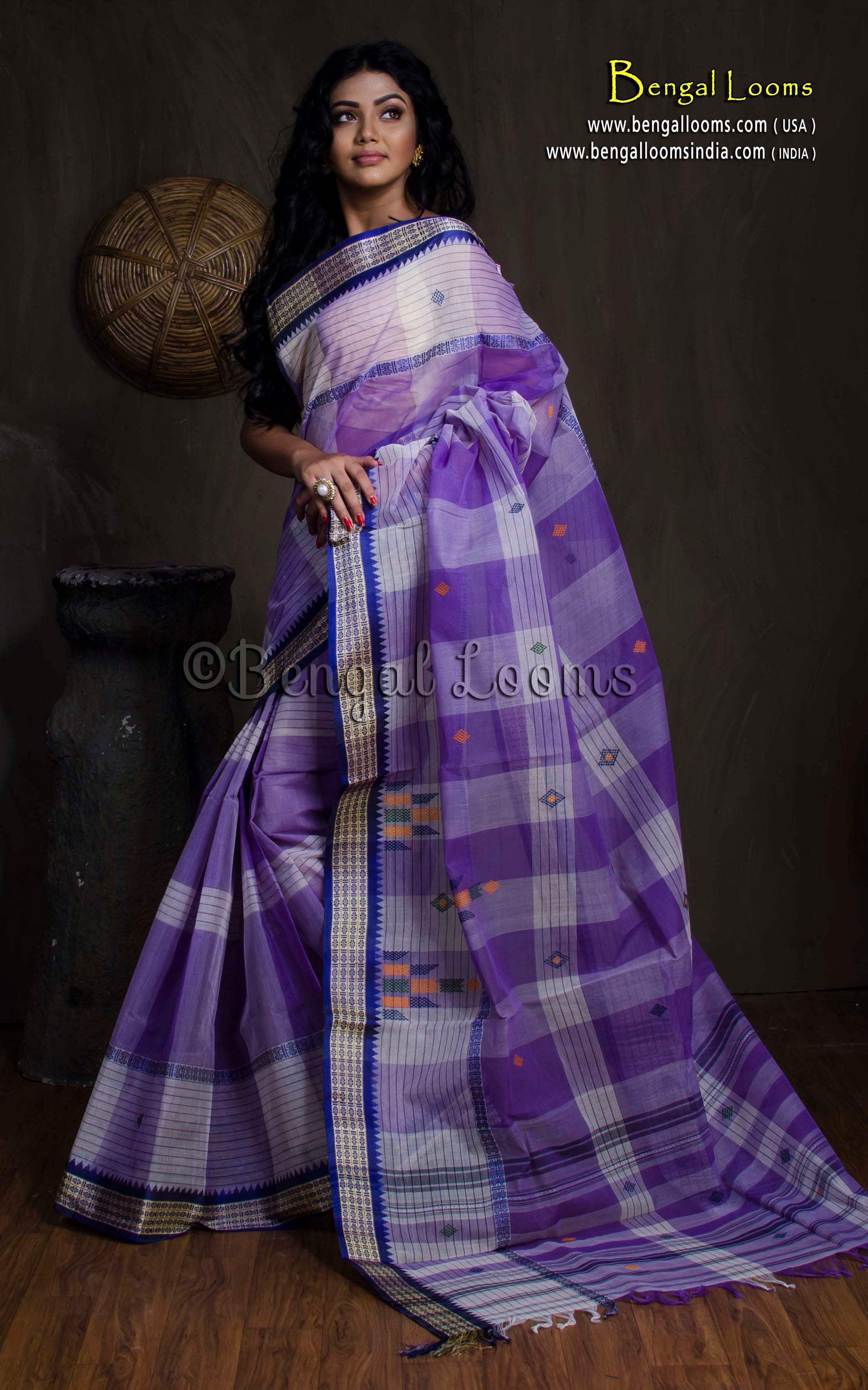 Bengal Handloom Begampuri Cotton Saree in Violet, Off White and Blue