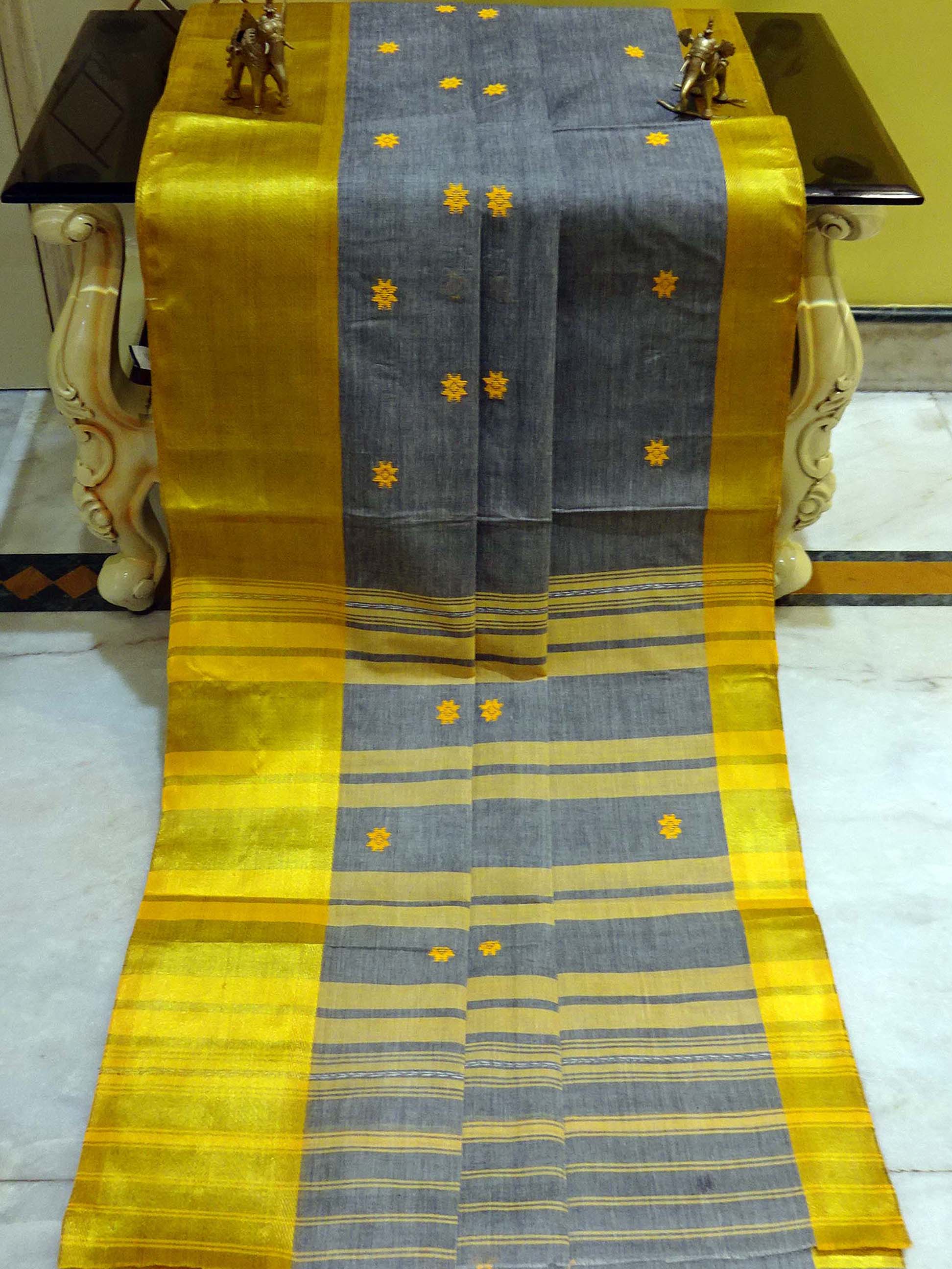 Bengal Handloom Satin Silk Border Cotton Saree in Steel Grey and Corn Yellow