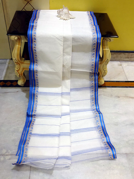 Tangail Cotton Saree in White, Majorelle Blue and Gold