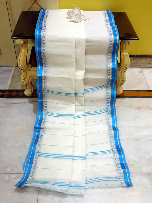 Tangail Cotton Saree in White, Light Cerulean Blue and Gold